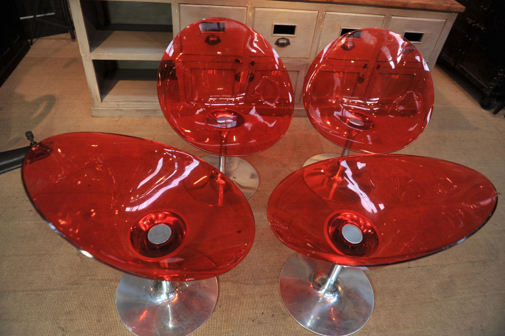 Set of 4 Seats in Orange Polycarbonate on Chrome Aluminium by Philippe Starck 2