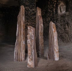 Set Of 4 Secta Candelabras & Censer in Carved Red Travertine by Andres Monnier