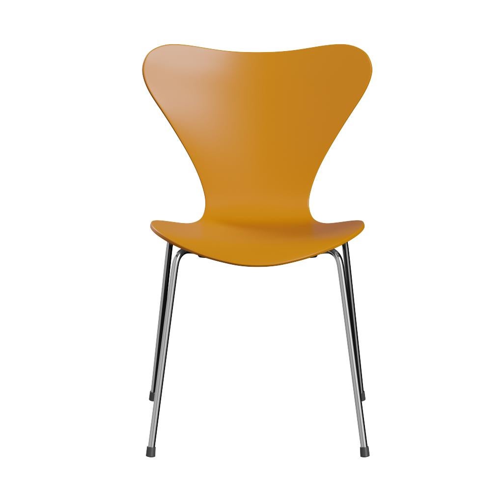 Scandinavian Modern Set of 4 Series7 Chair, Burnt Yellow & Steel Chrome by Arne Jacobsen For Sale