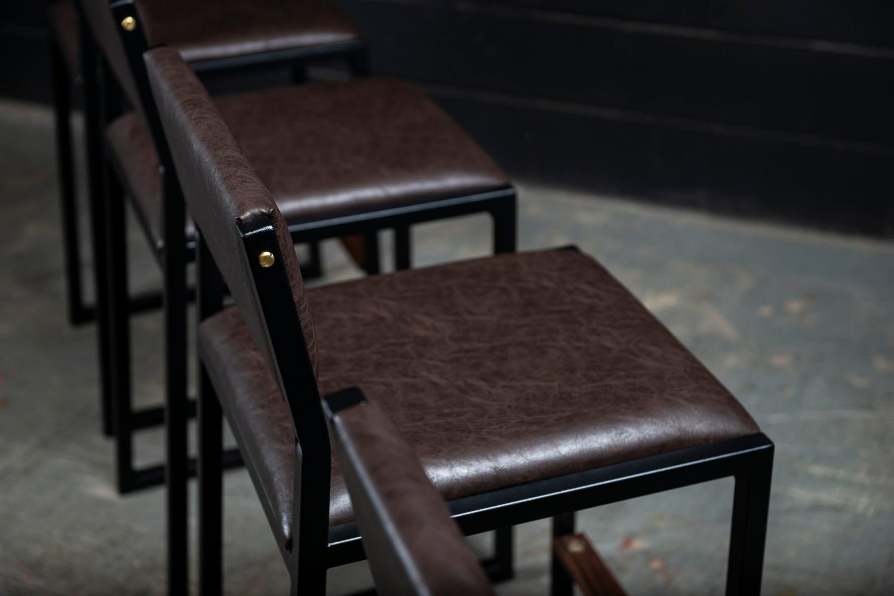 Modern ''Set of 4'' Shaker Counter Stool by Ambrozia, Walnut, Aged Volvo Brown Vinyl For Sale