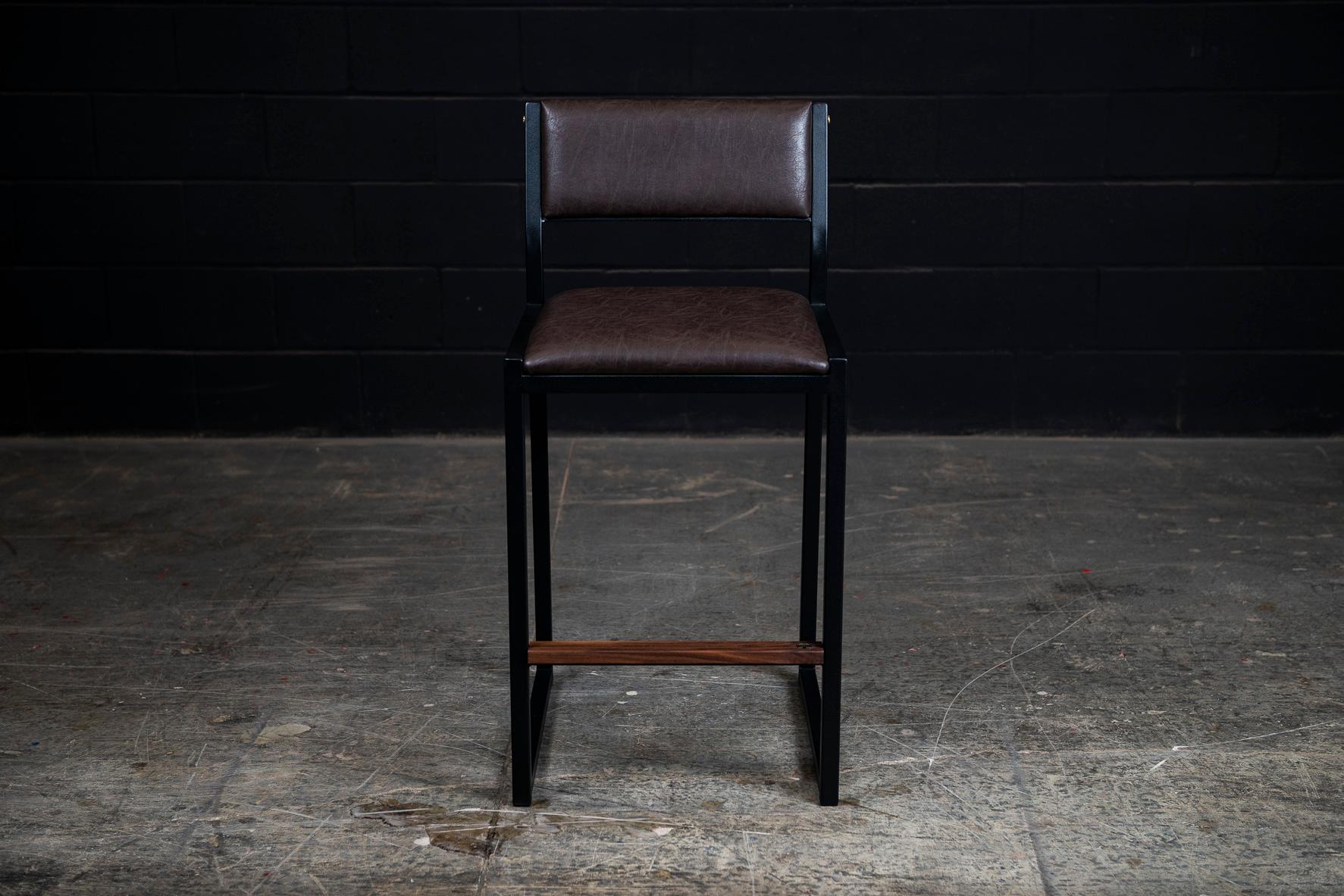 Hand-Crafted ''Set of 4'' Shaker Counter Stool by Ambrozia, Walnut, Aged Volvo Brown Vinyl For Sale