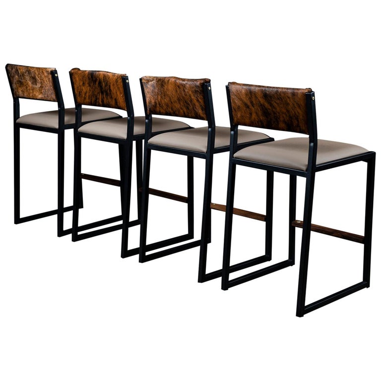 Set Of 4 Shaker Counter Stool Chair, Genuine Cowhide Bar Stools