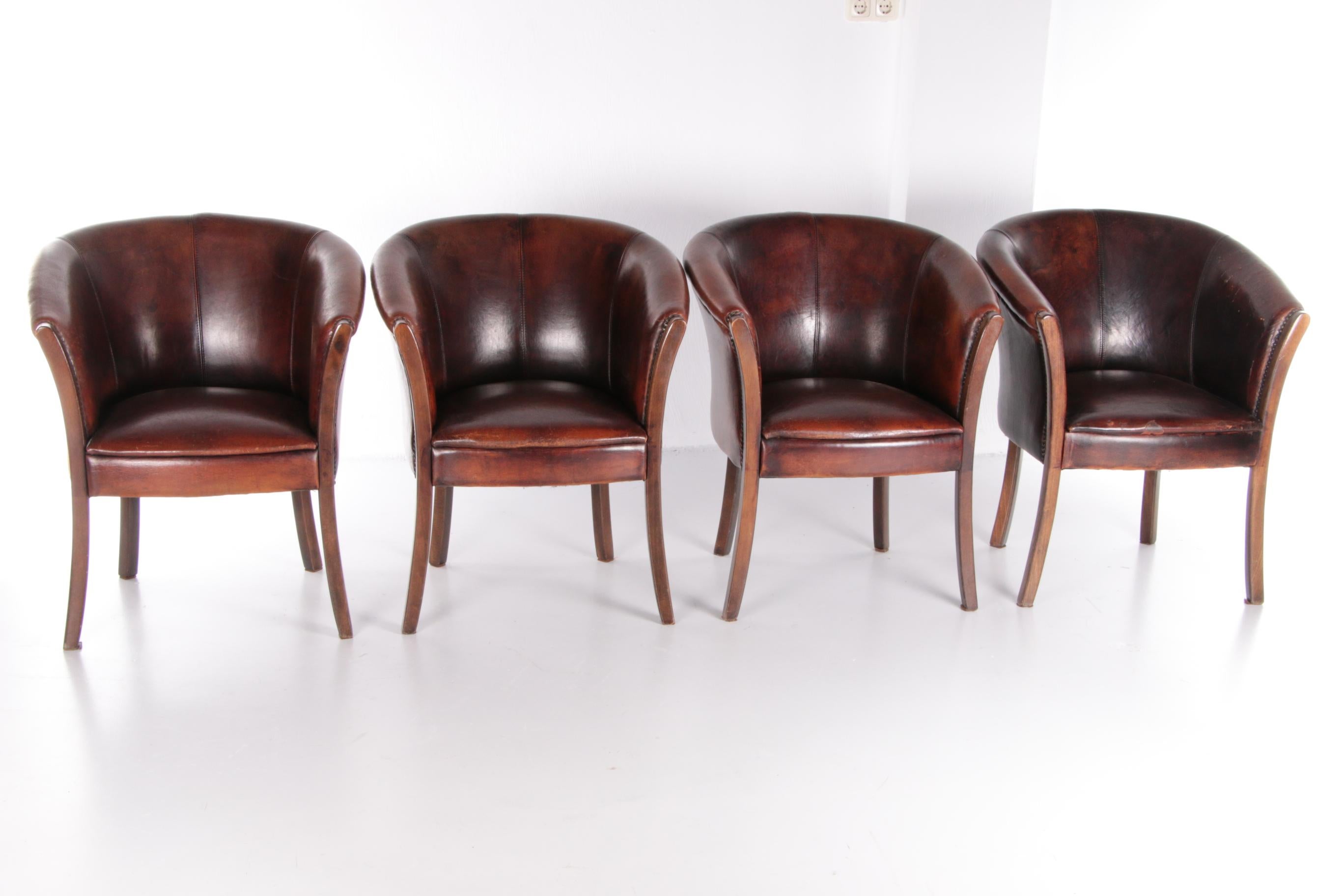 Dutch Set of 4 Sheep Leather Dining Table Chairs, 1970, Netherlands