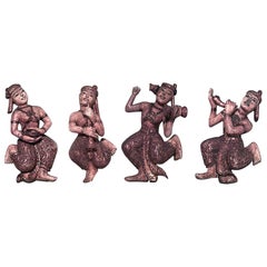 Set of 4 Hand-Carved 19th Century Siamese Gold Dancing Figures