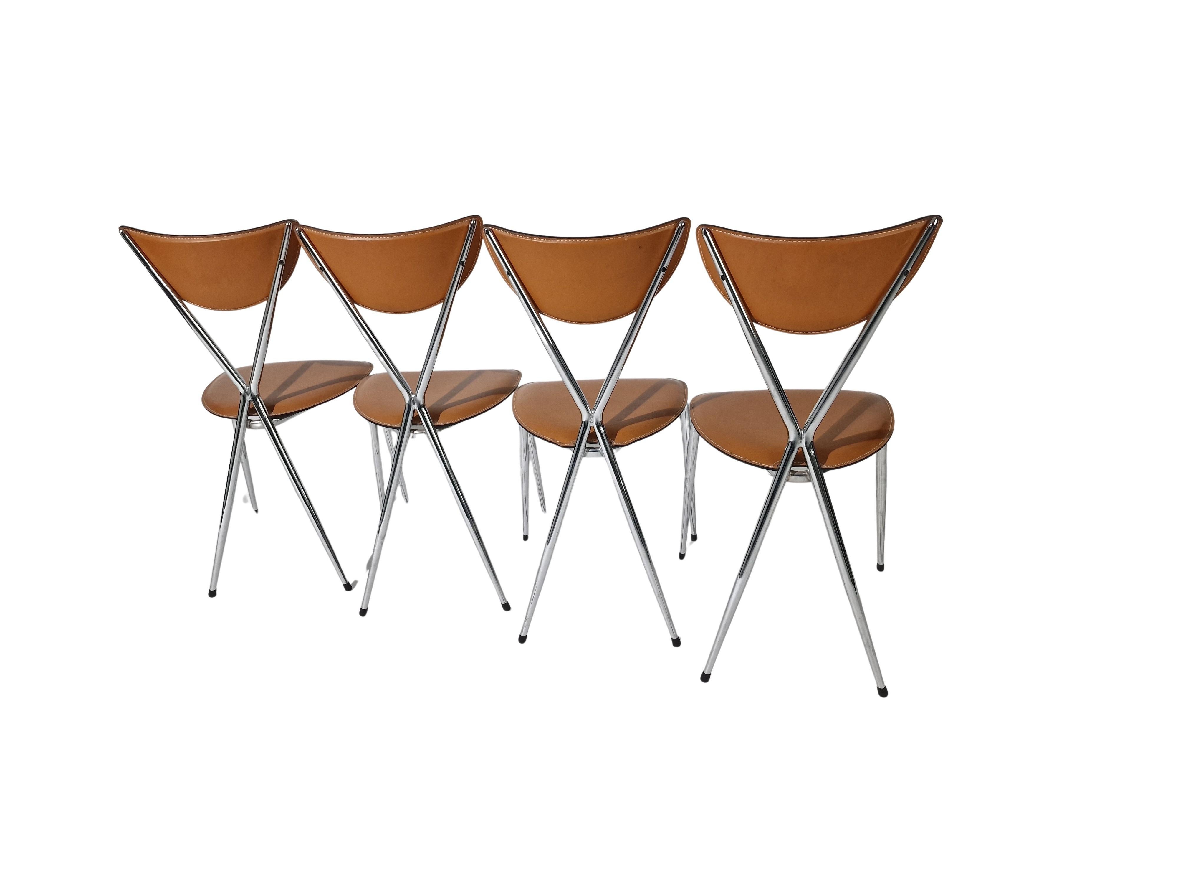 Ensemble de 4 chaises d'appoint Stiletto Bernadina, cuir chromé Arrben, Italie en vente 4