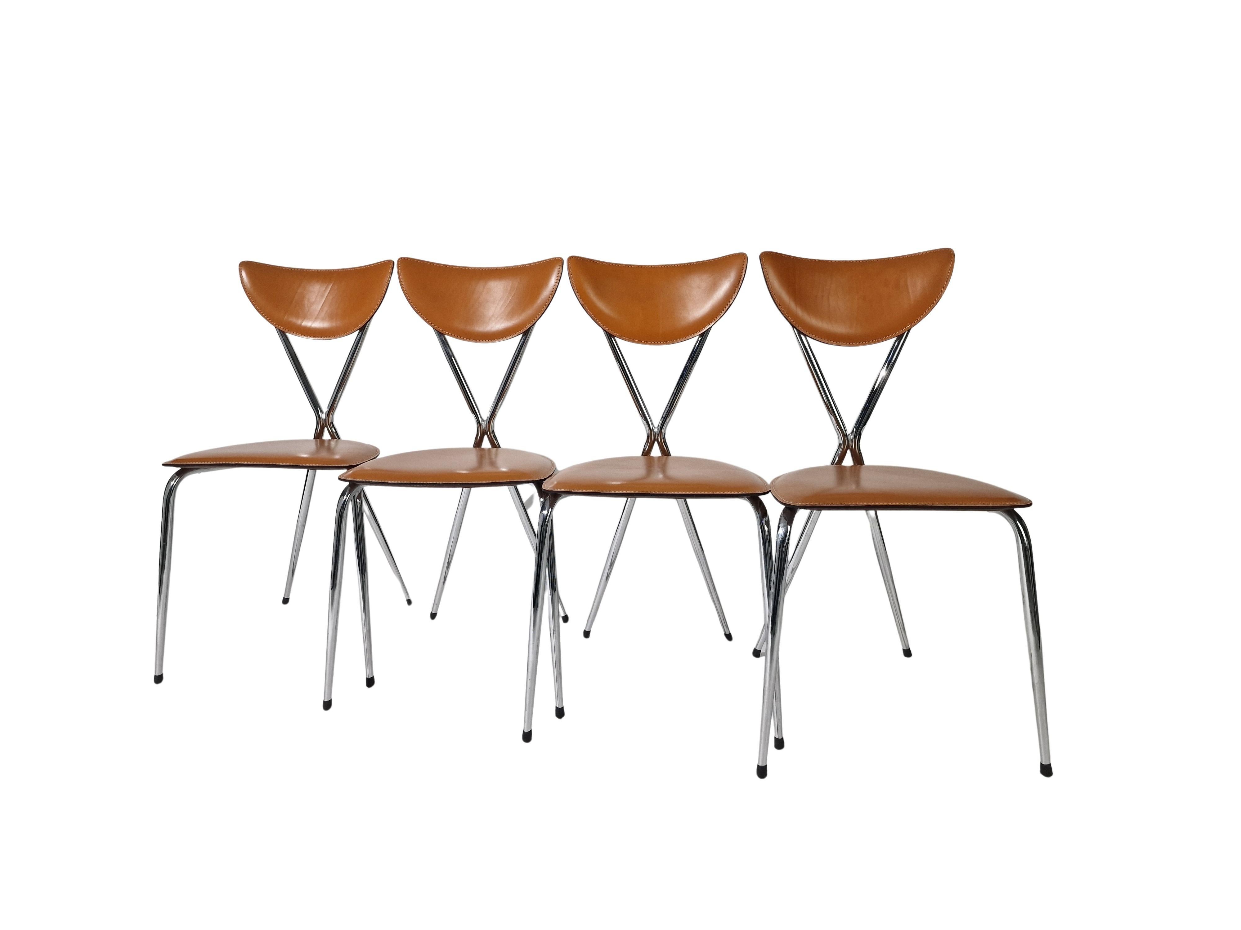 Ensemble de 4 chaises d'appoint Stiletto Bernadina, cuir chromé Arrben, Italie en vente 6