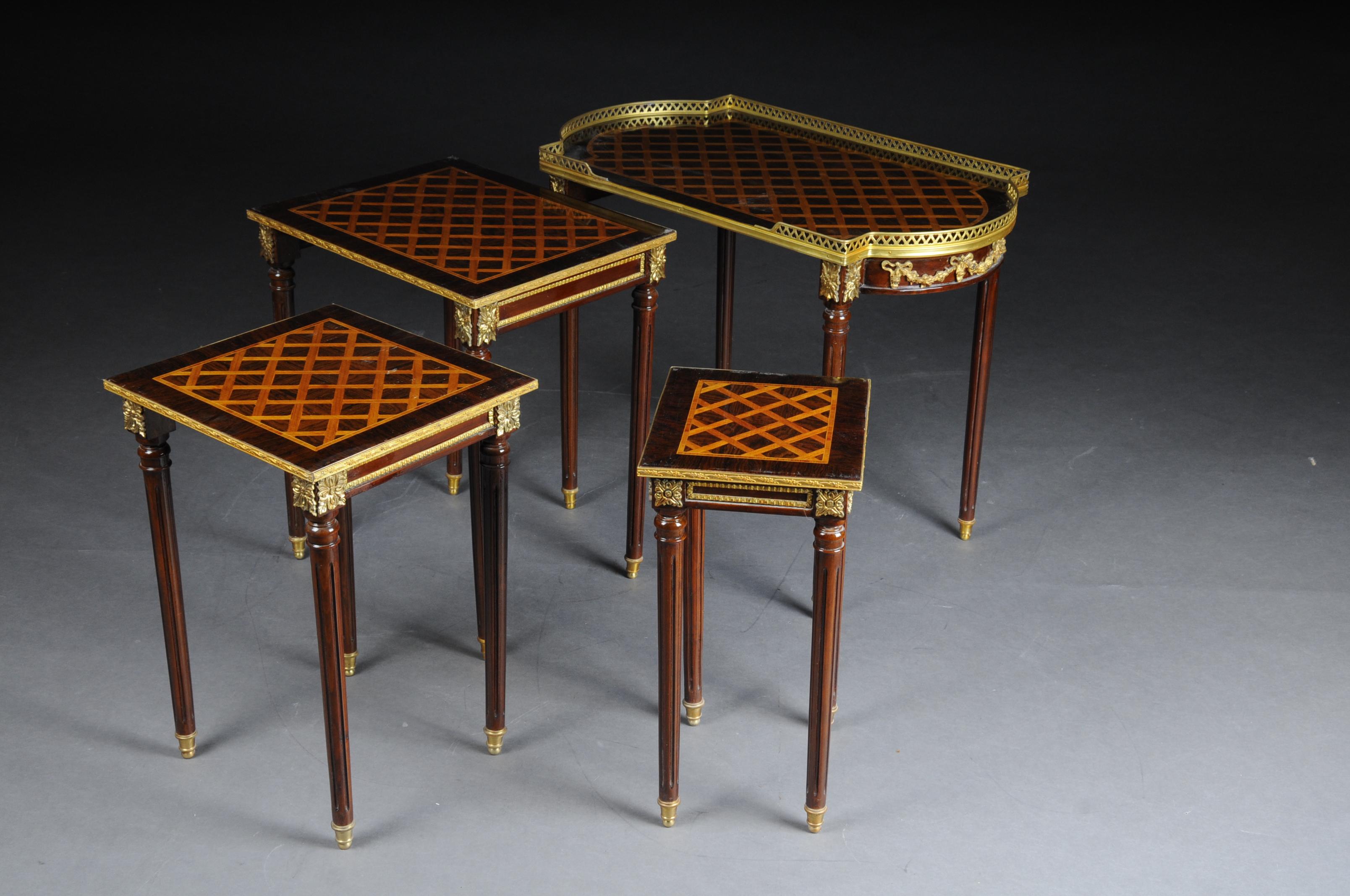 Brass Set of 4 Side Tables Louis Seize XVI m. Marquetry Veneer