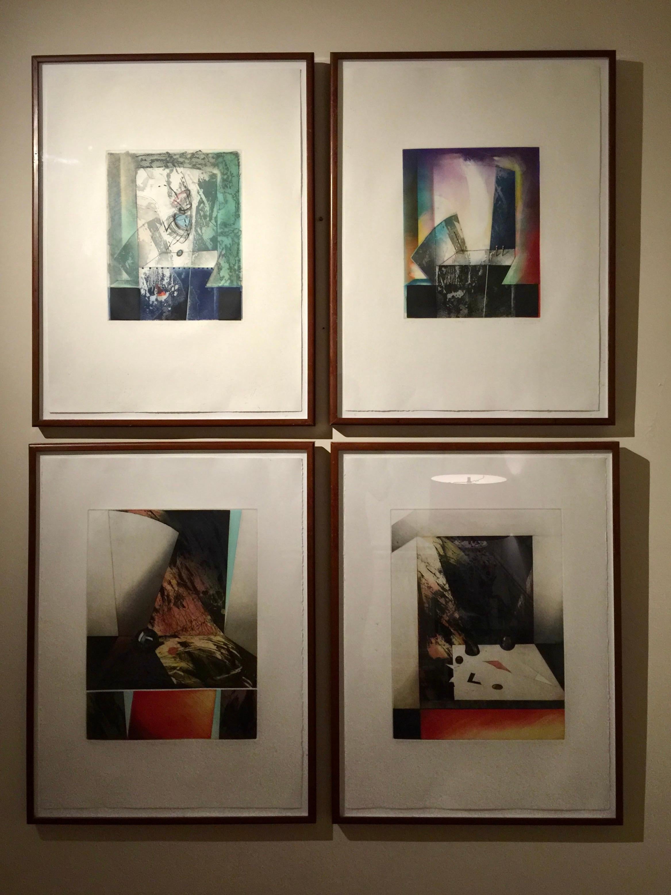 Set of 4 signed abstract intaglio prints by Kazuko Watanabe, framed. Signed in pencil by the artist and numbered 16/30, 19/20, 7/10, 9/10.

Kazuko Watanabe is a graduate of the San Francisco Academy of Art University and has taught classes on