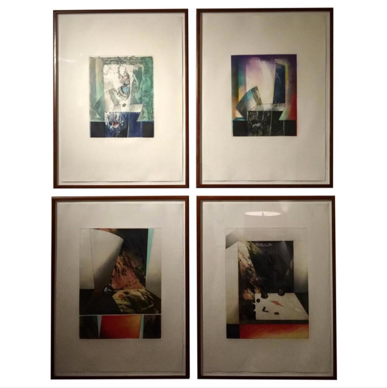 Conjunto de 4 grabados calcográficos abstractos firmados por Kazuko Watanabe, enmarcados