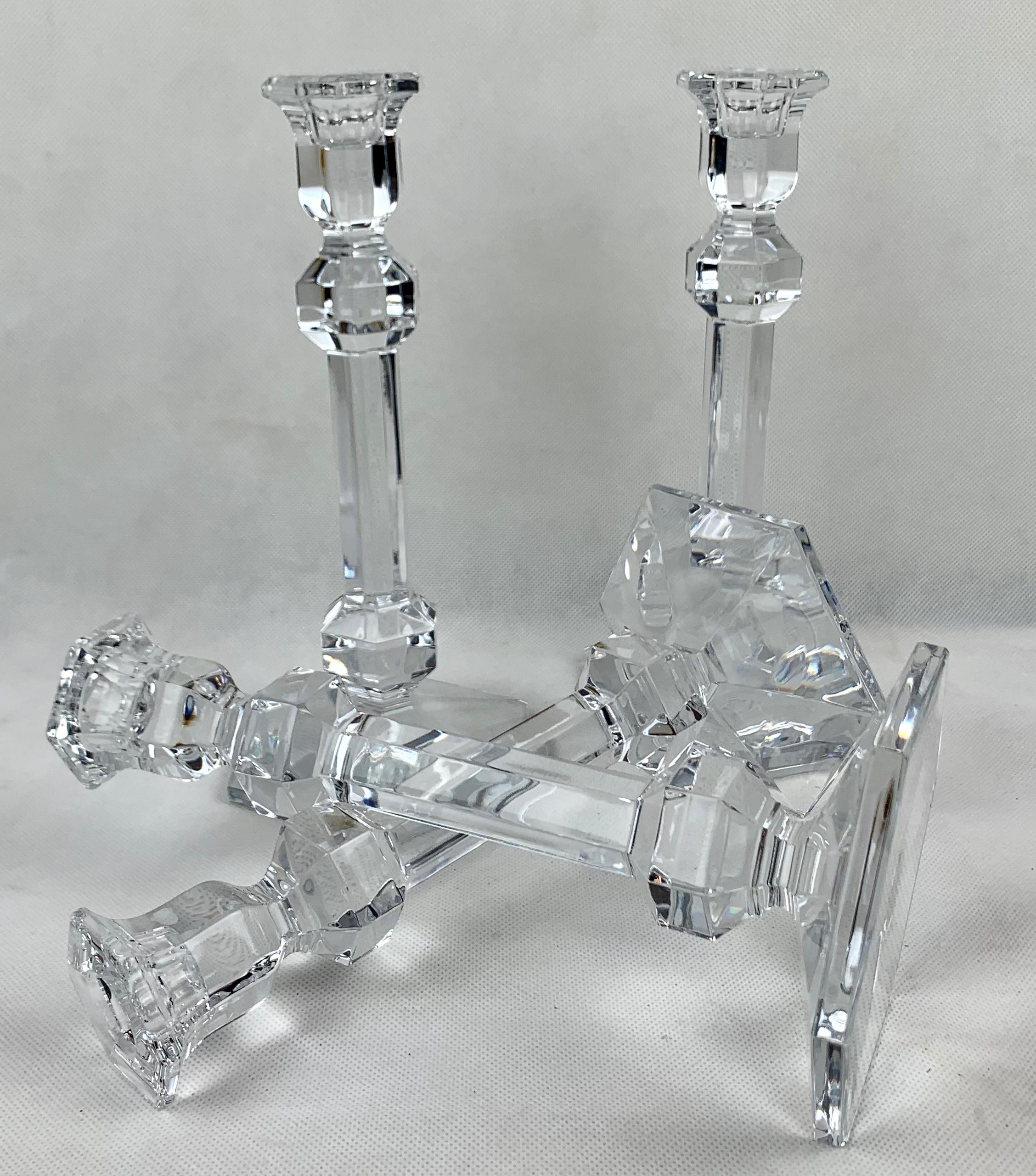 Modern Signed Val St. Lambert Crystal Candlesticks-Galatée Pattern, Matched Set of 4 