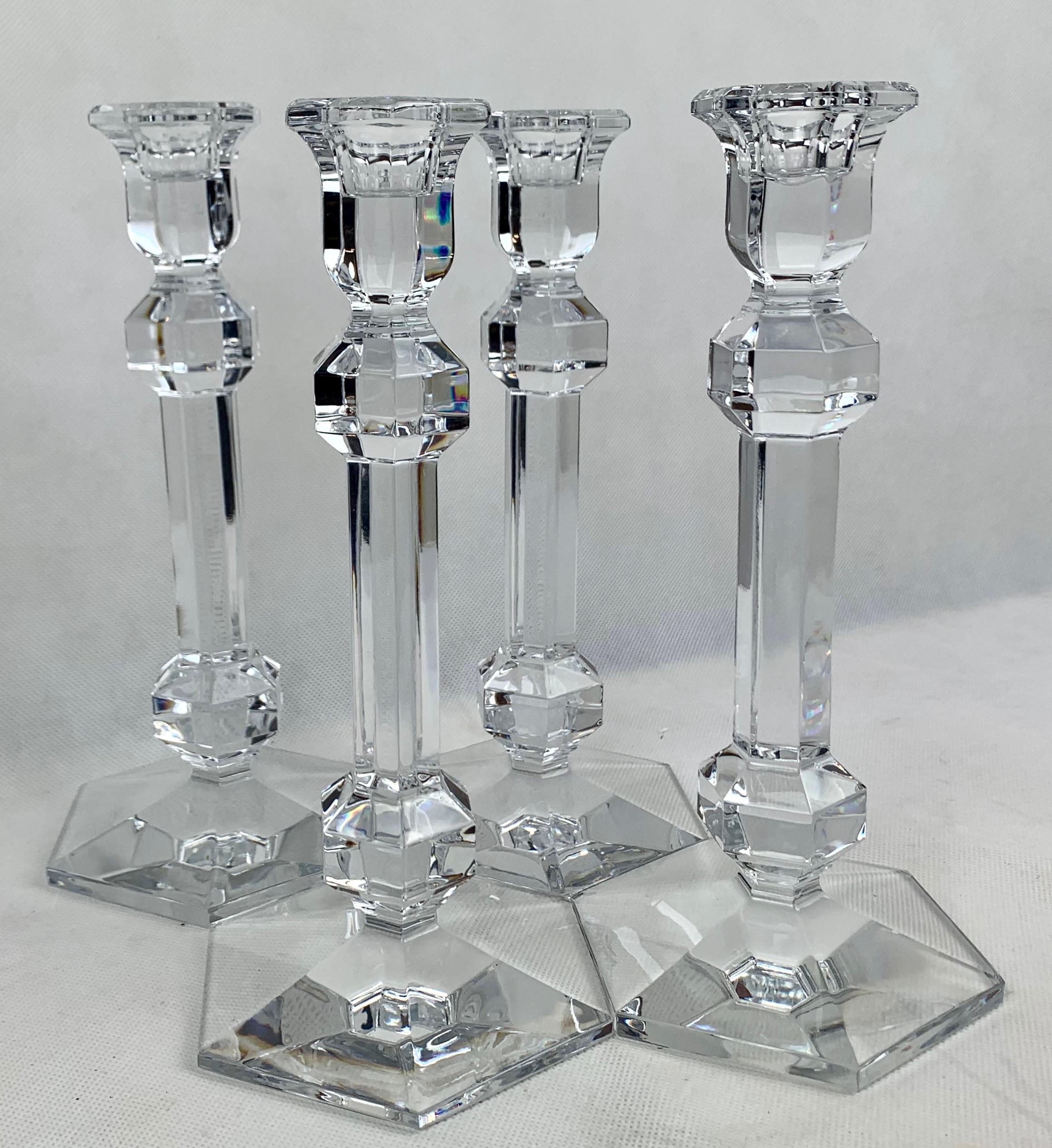 Belgian Signed Val St. Lambert Crystal Candlesticks-Galatée Pattern, Matched Set of 4 