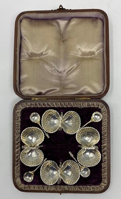Set of 4 Silver Double Salt Cellars with Spoons in Original Box, circa 1900-1910