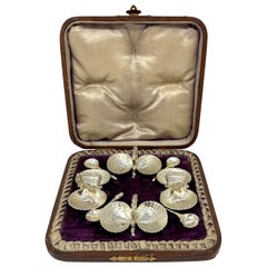 Antique Set of 4 Silver Double Salt Cellars with Spoons in Original Box, circa 1900-1910