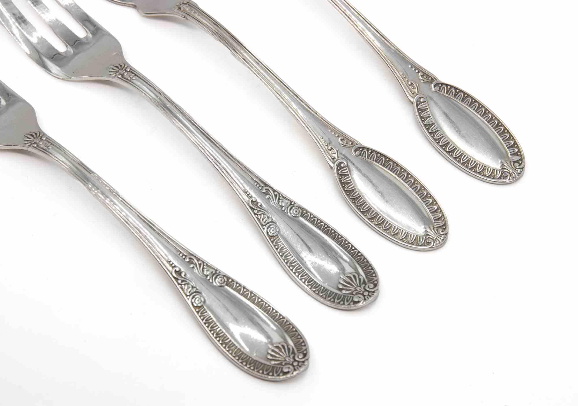 Argent Ensemble de 4 fourchettes à poisson en argent, Italie, milieu du 20e siècle en vente