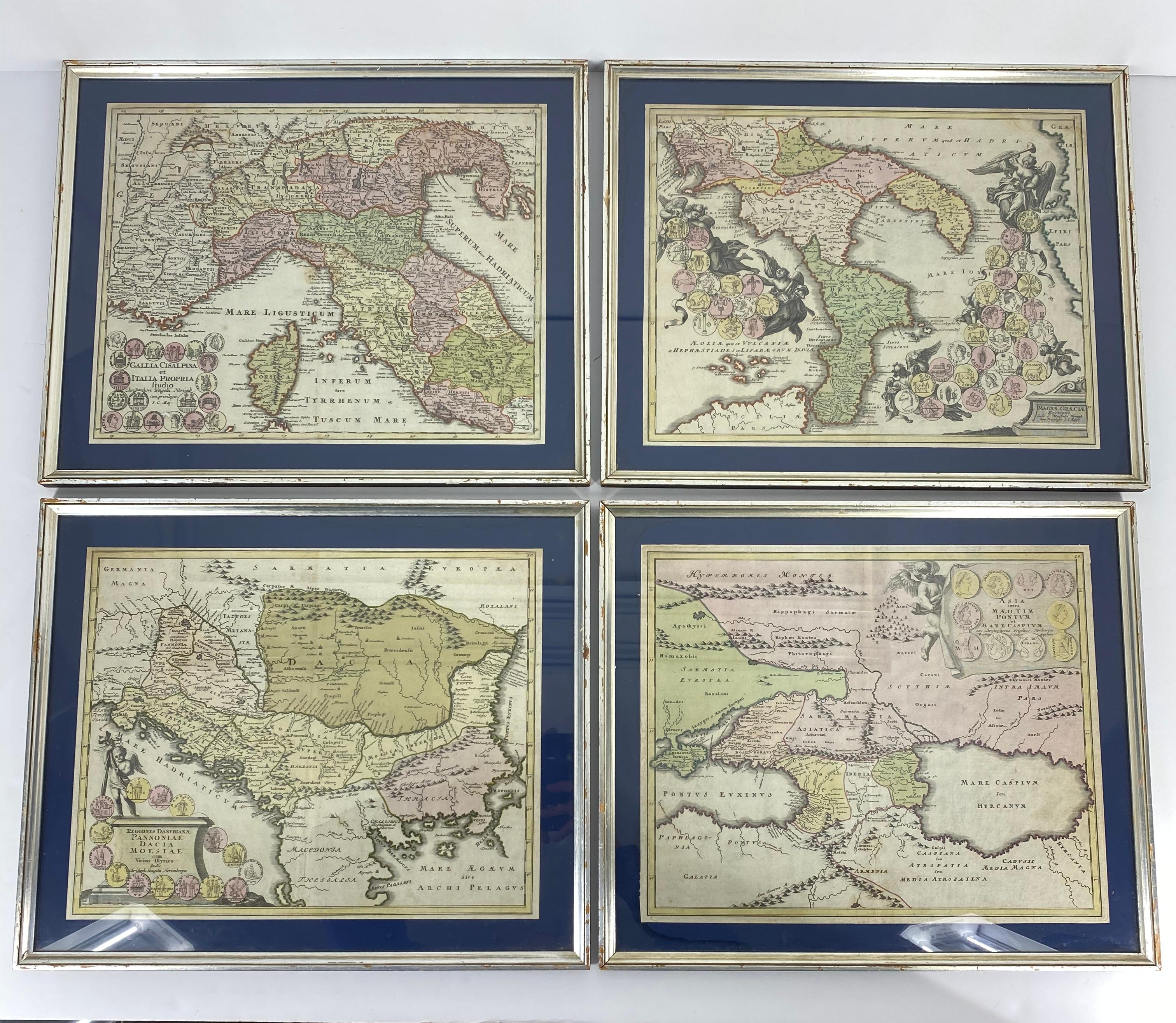 Set Of 4 Silver Gilded Framed Maps Of Italy And Danube In Blue Passe-Partout 2