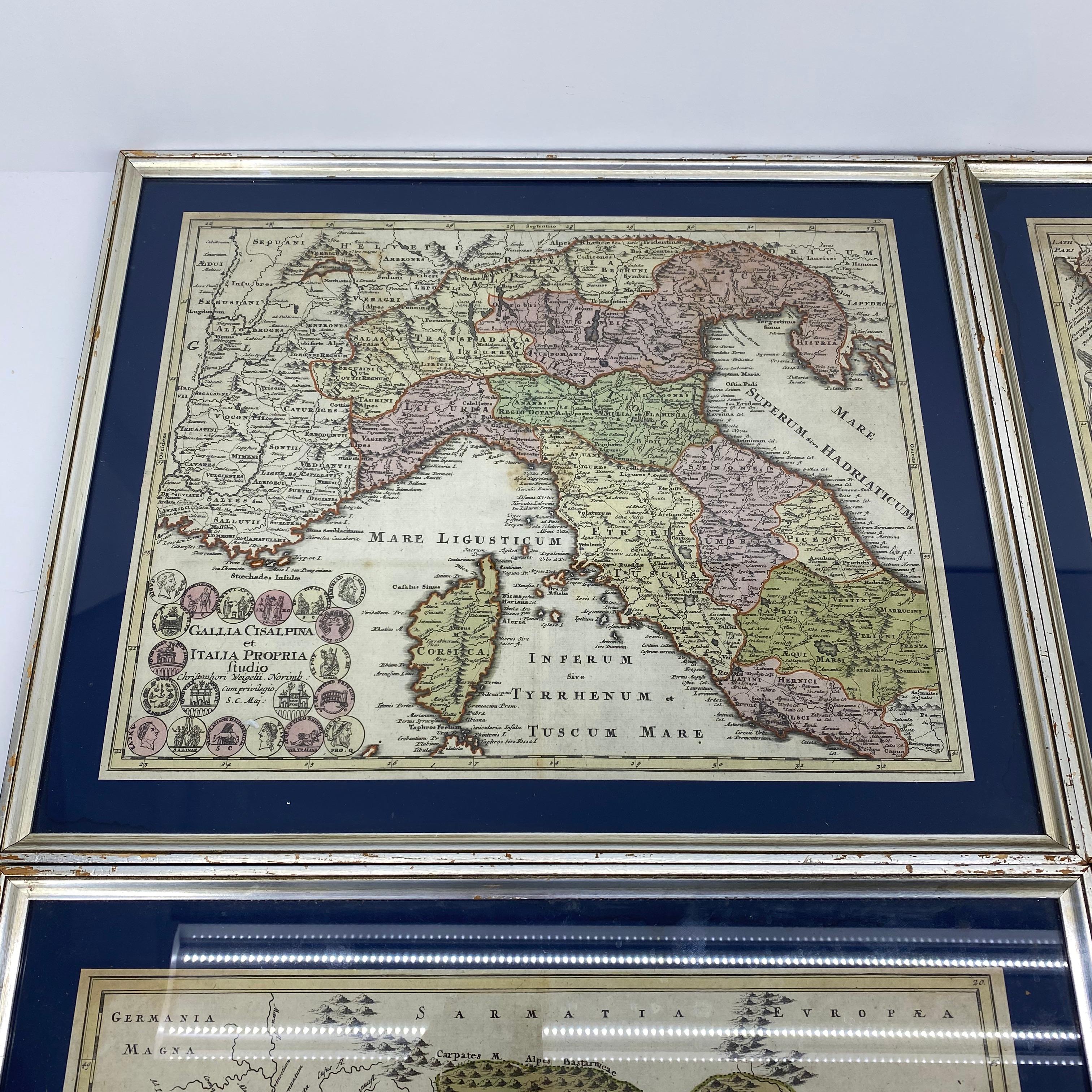 Set Of 4 Silver Gilded Framed Maps Of Italy And Danube In Blue Passe-Partout 3