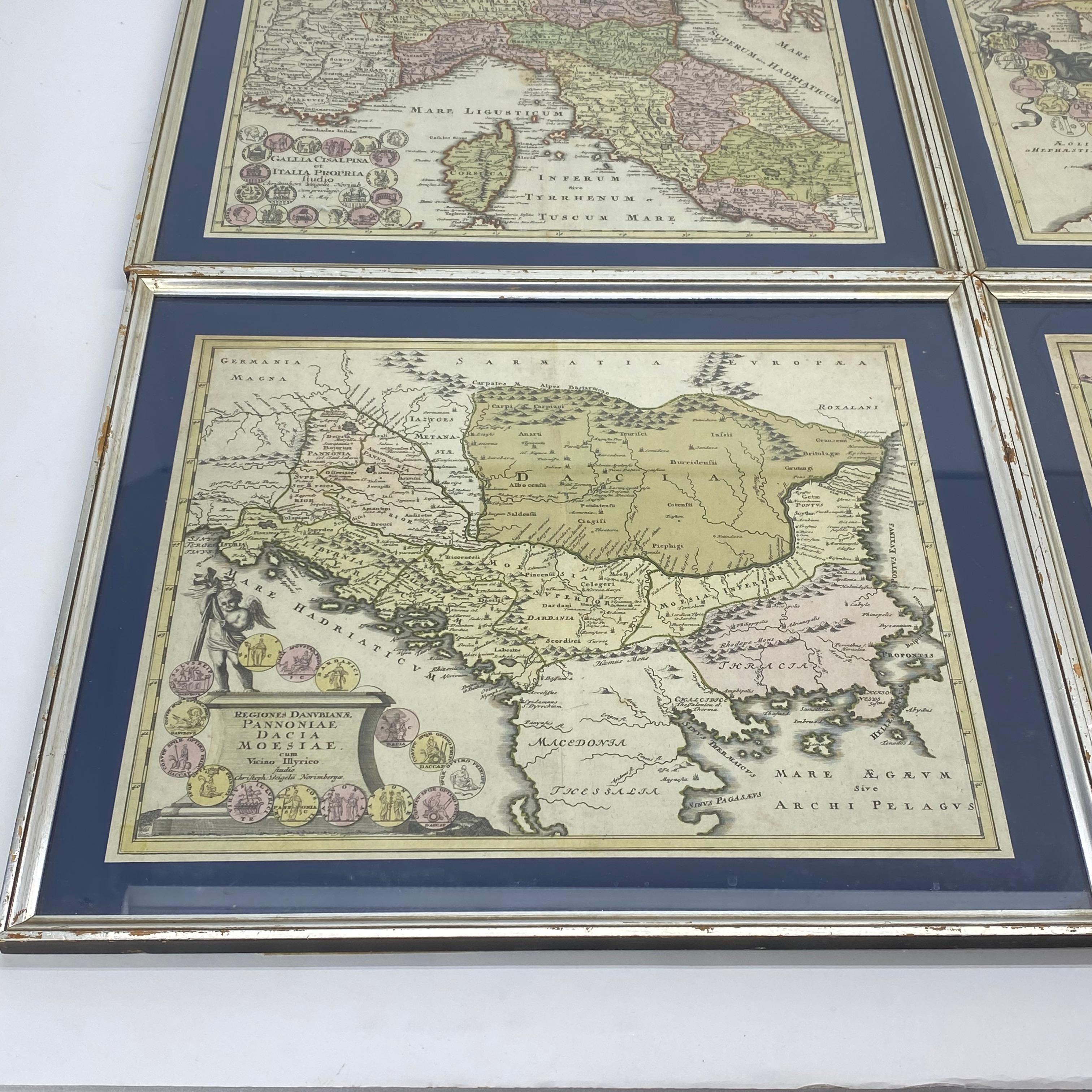 Set Of 4 Silver Gilded Framed Maps Of Italy And Danube In Blue Passe-Partout 5