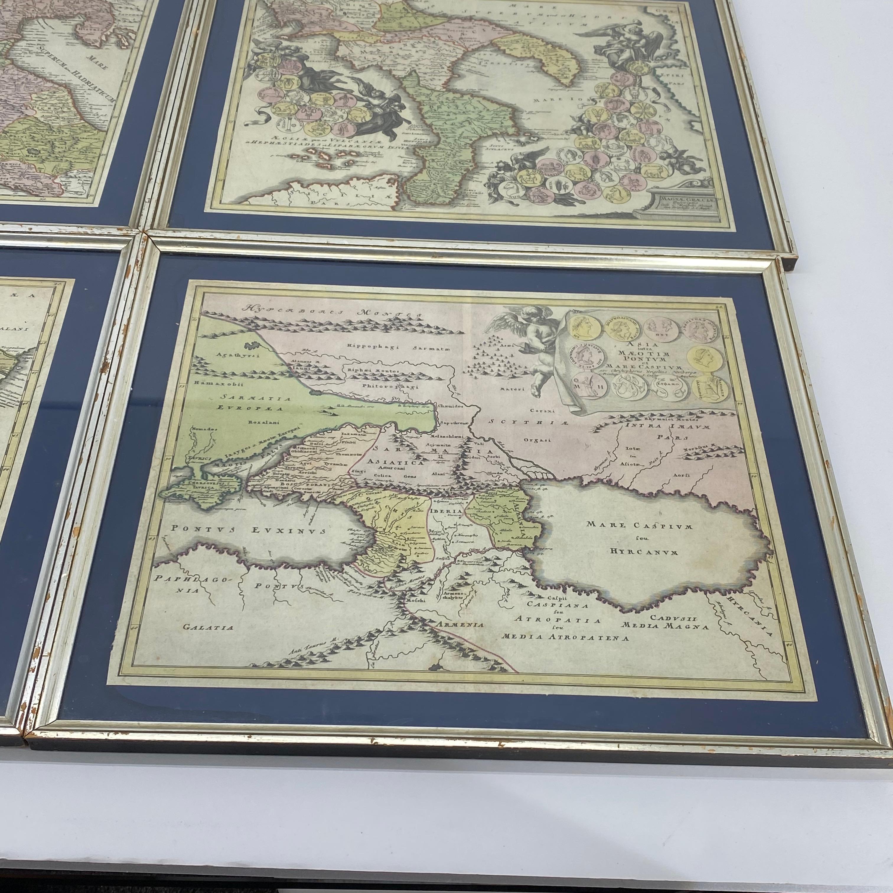 Set Of 4 Silver Gilded Framed Maps Of Italy And Danube In Blue Passe-Partout 6