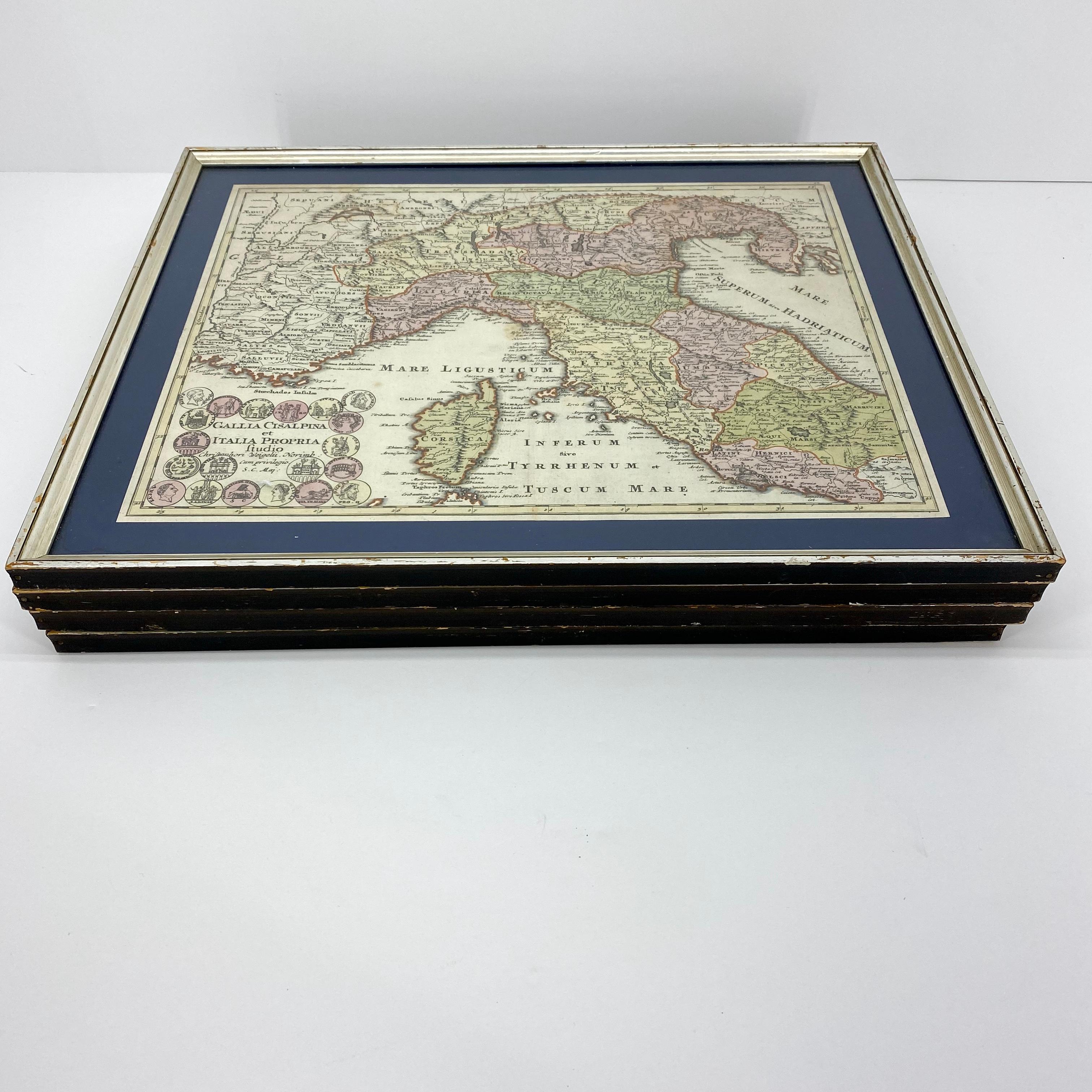 Set Of 4 Silver Gilded Framed Maps Of Italy And Danube In Blue Passe-Partout 9
