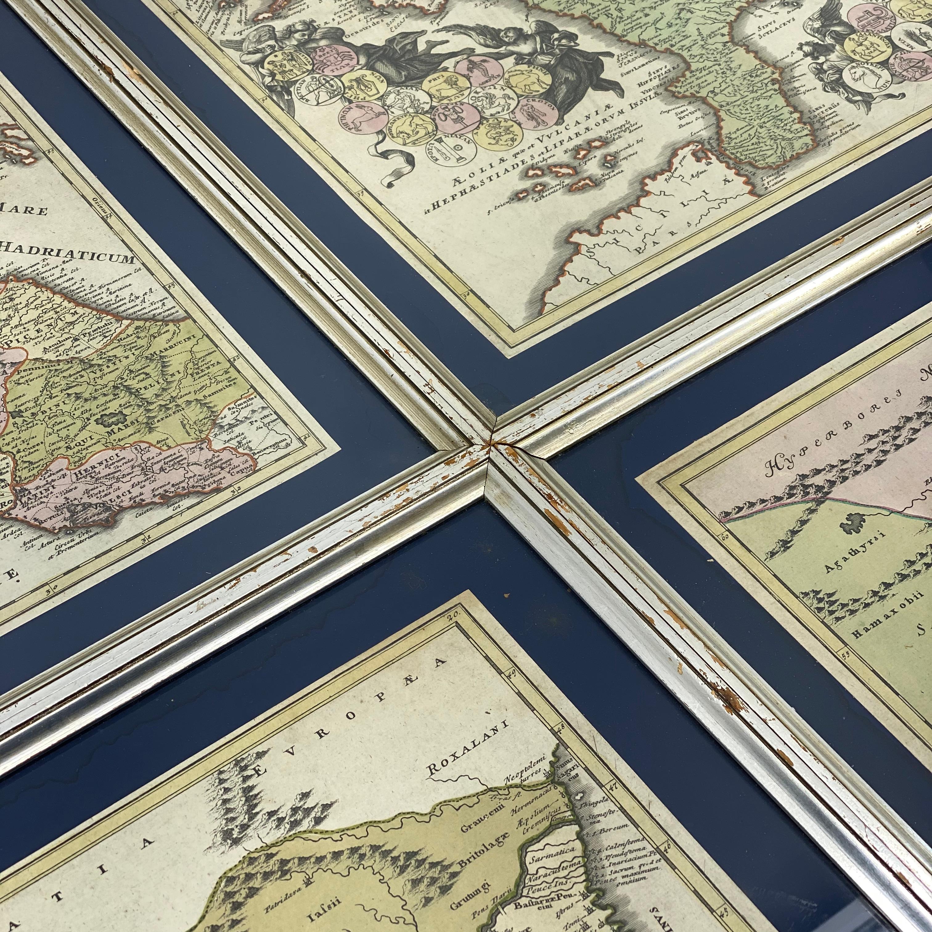 Set Of 4 Silver Gilded Framed Maps Of Italy And Danube In Blue Passe-Partout 11