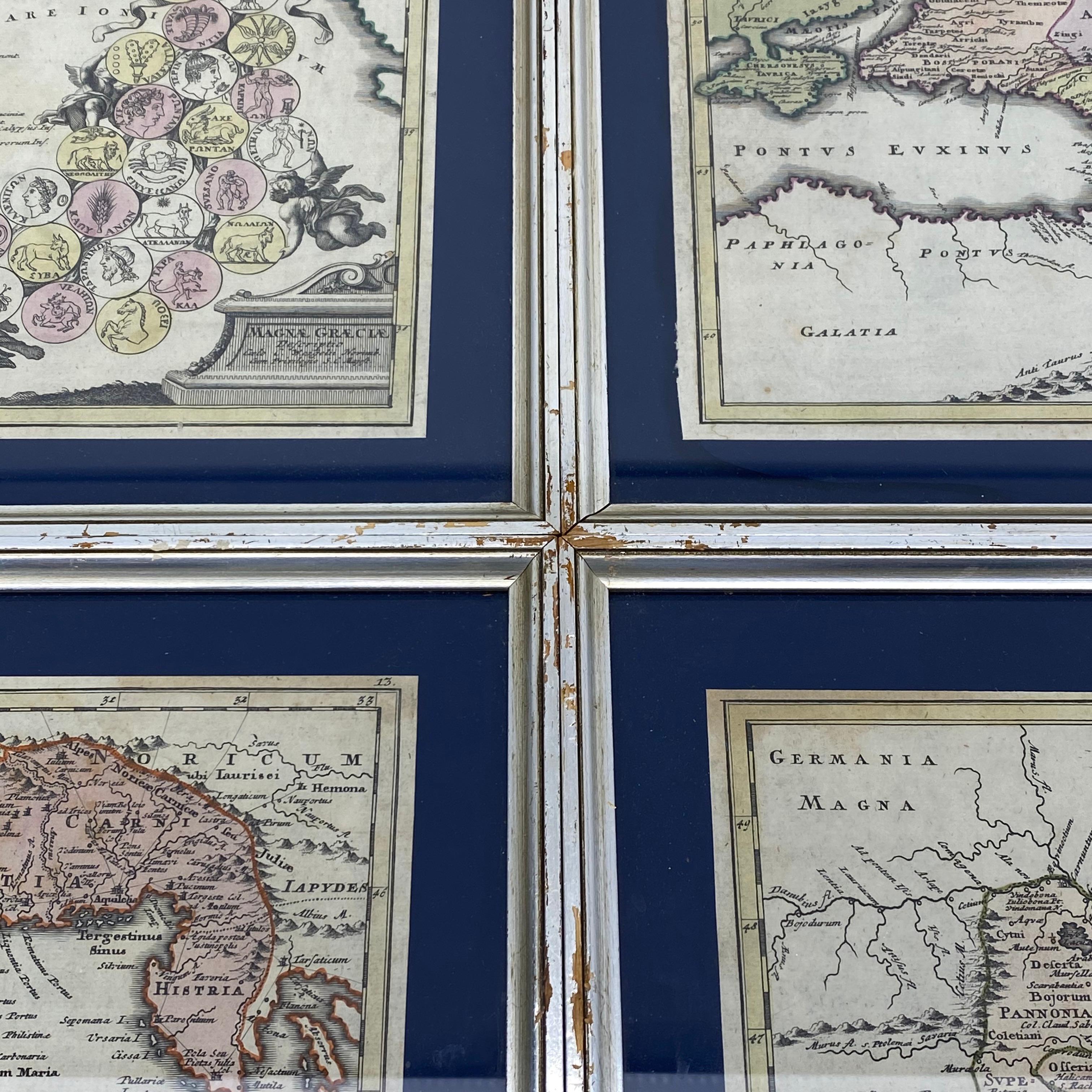 18th Century Set Of 4 Silver Gilded Framed Maps Of Italy And Danube In Blue Passe-Partout