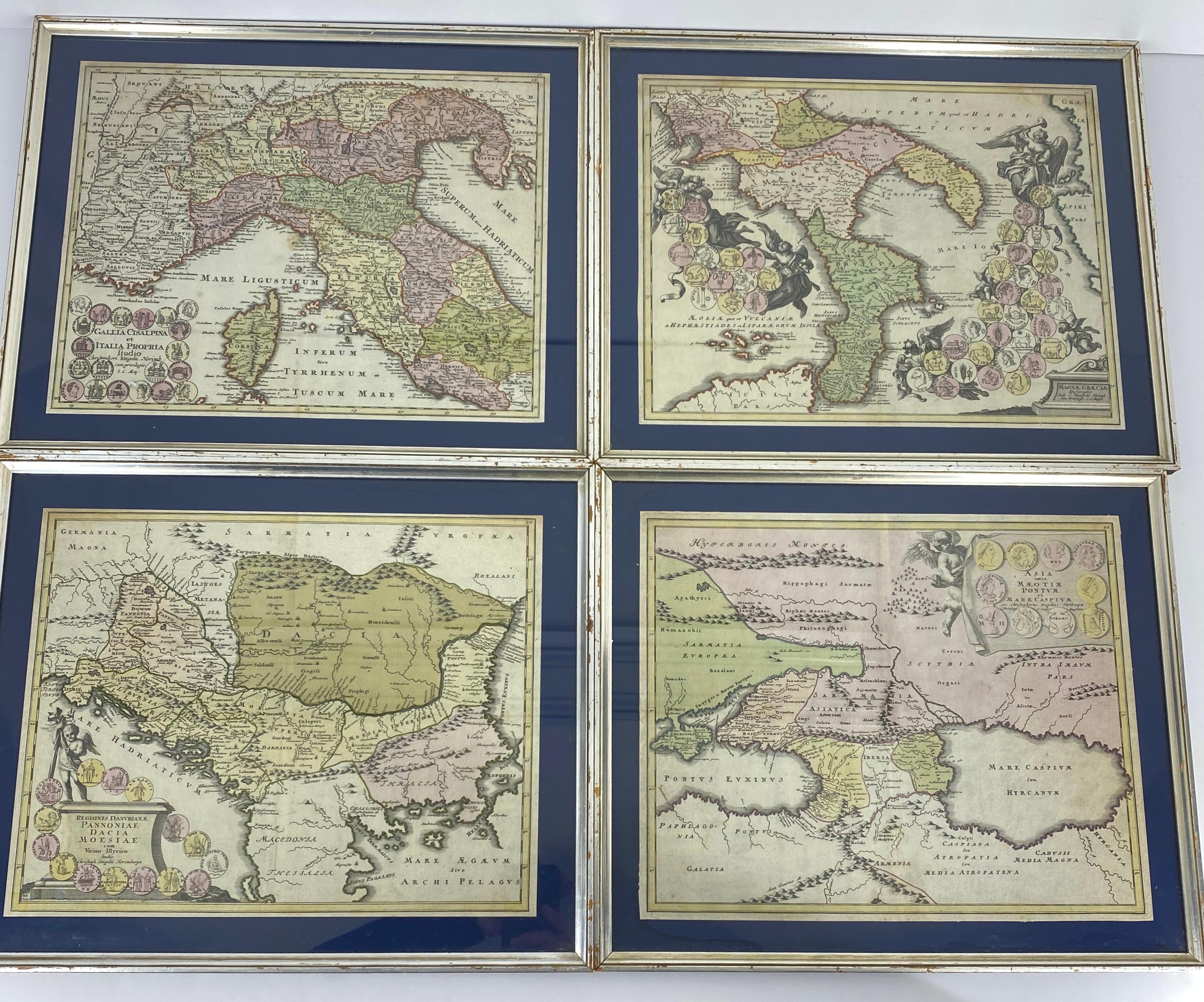 Paper Set Of 4 Silver Gilded Framed Maps Of Italy And Danube In Blue Passe-Partout
