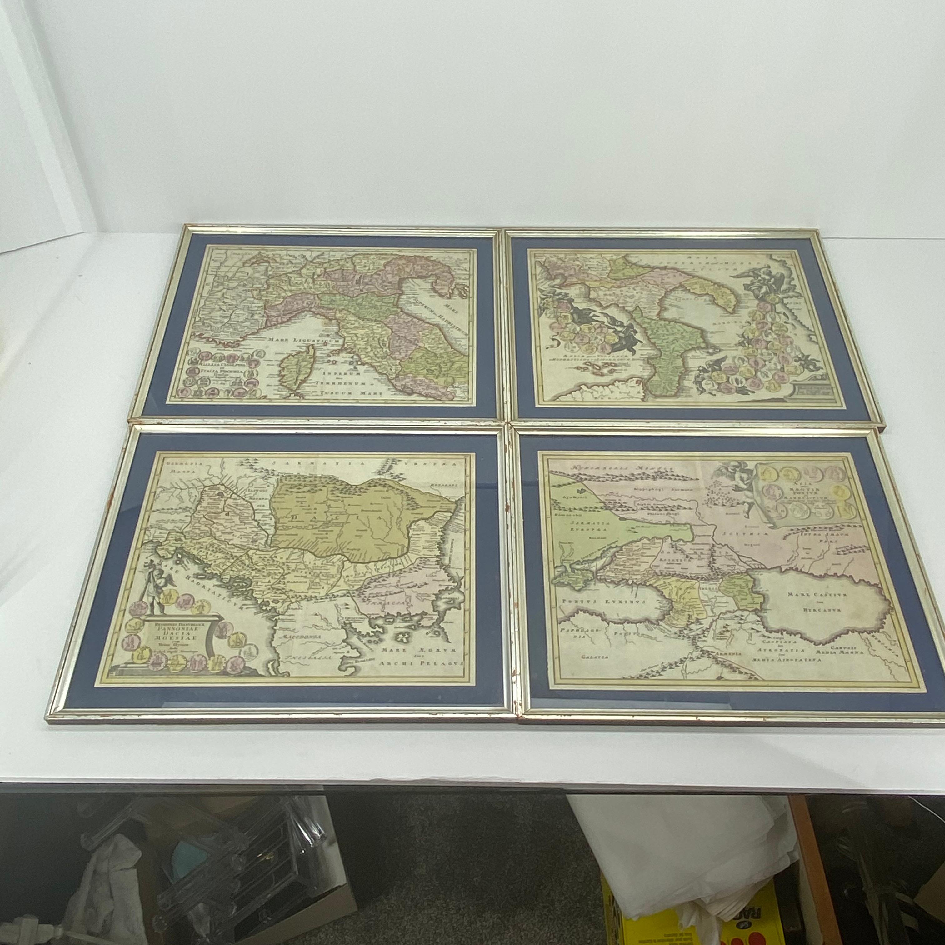 Set Of 4 Silver Gilded Framed Maps Of Italy And Danube In Blue Passe-Partout 1