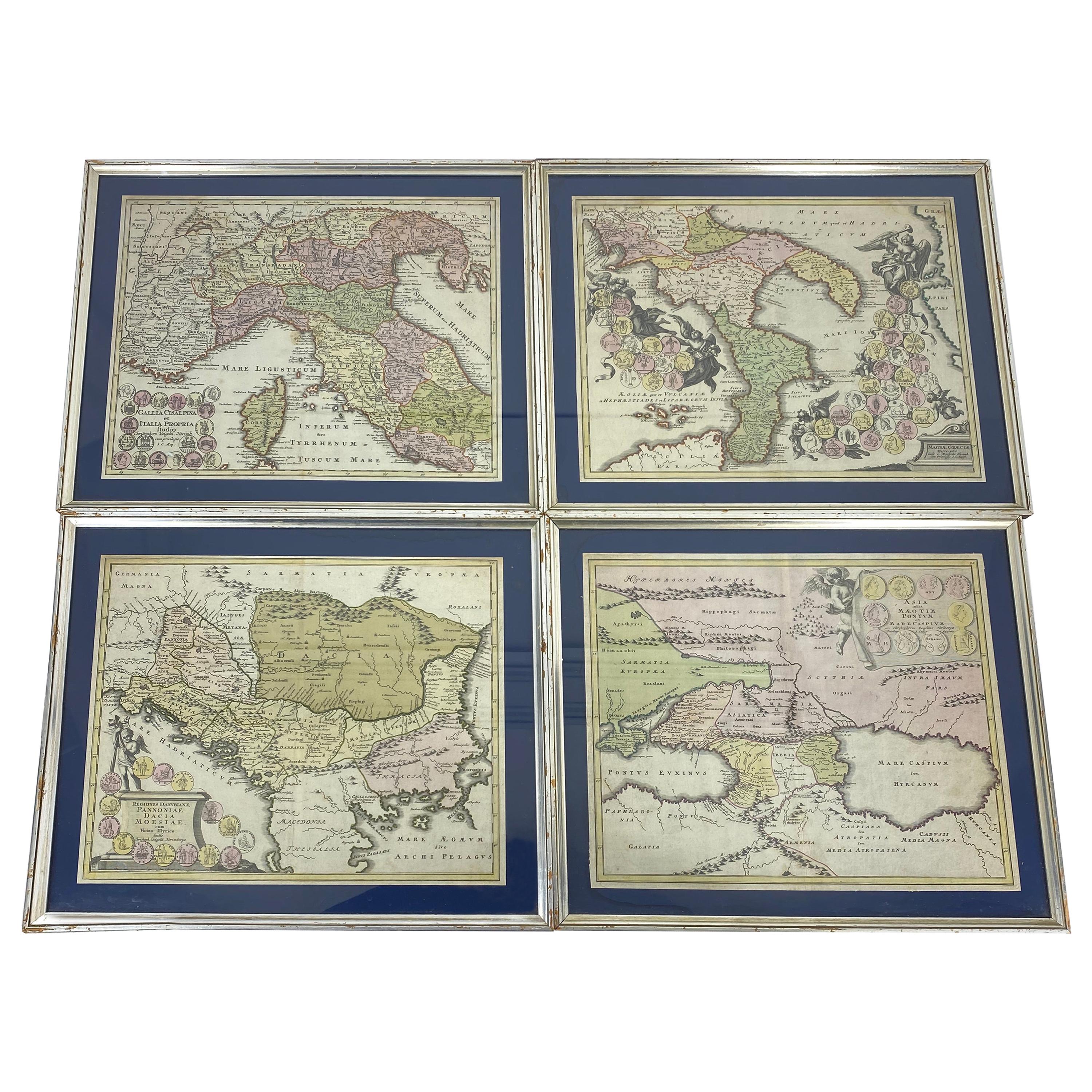 Set Of 4 Silver Gilded Framed Maps Of Italy And Danube In Blue Passe-Partout
