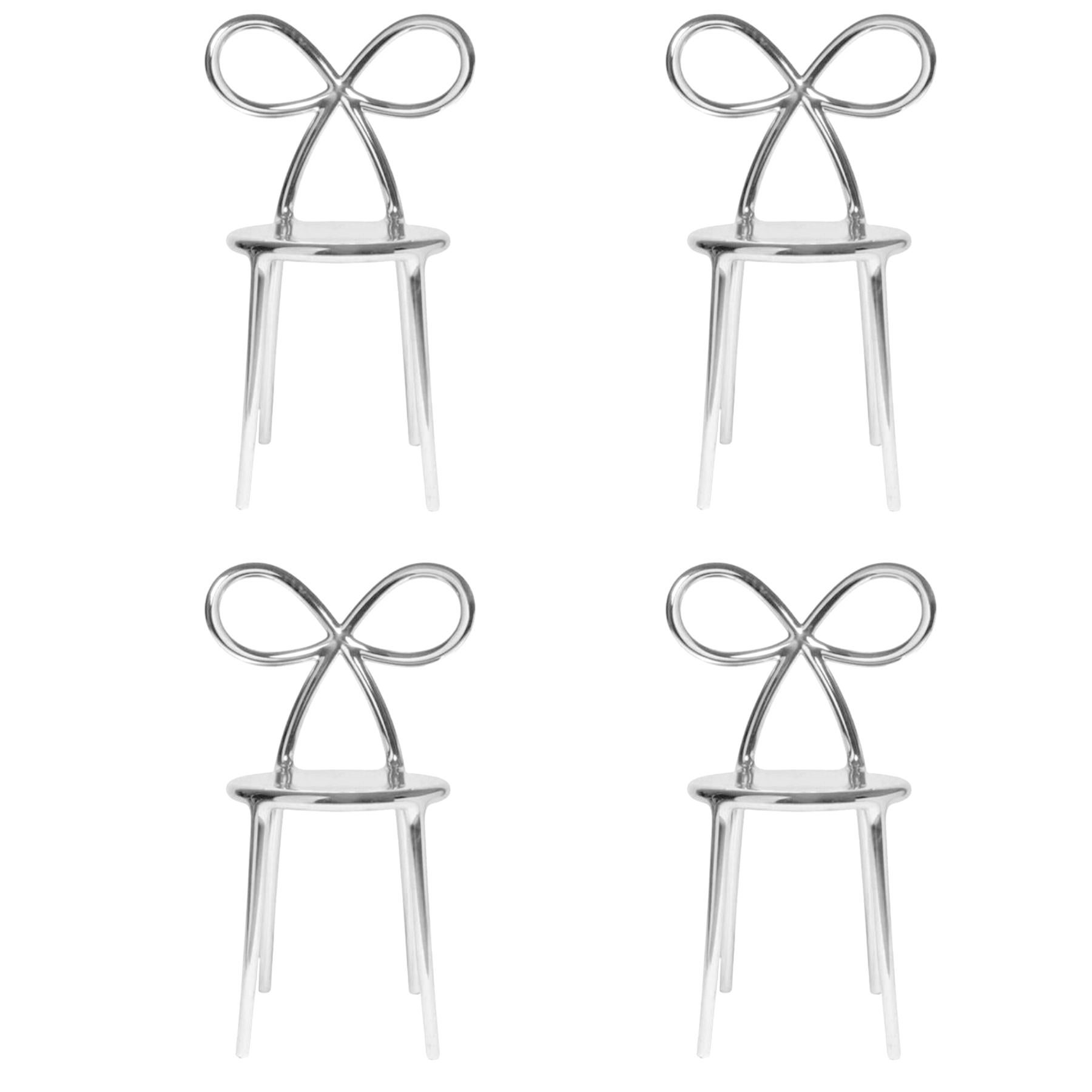 Contemporary Set of 4 Silver Metallic Ribbon Chairs by Nika Zupanc, Made in Italy For Sale