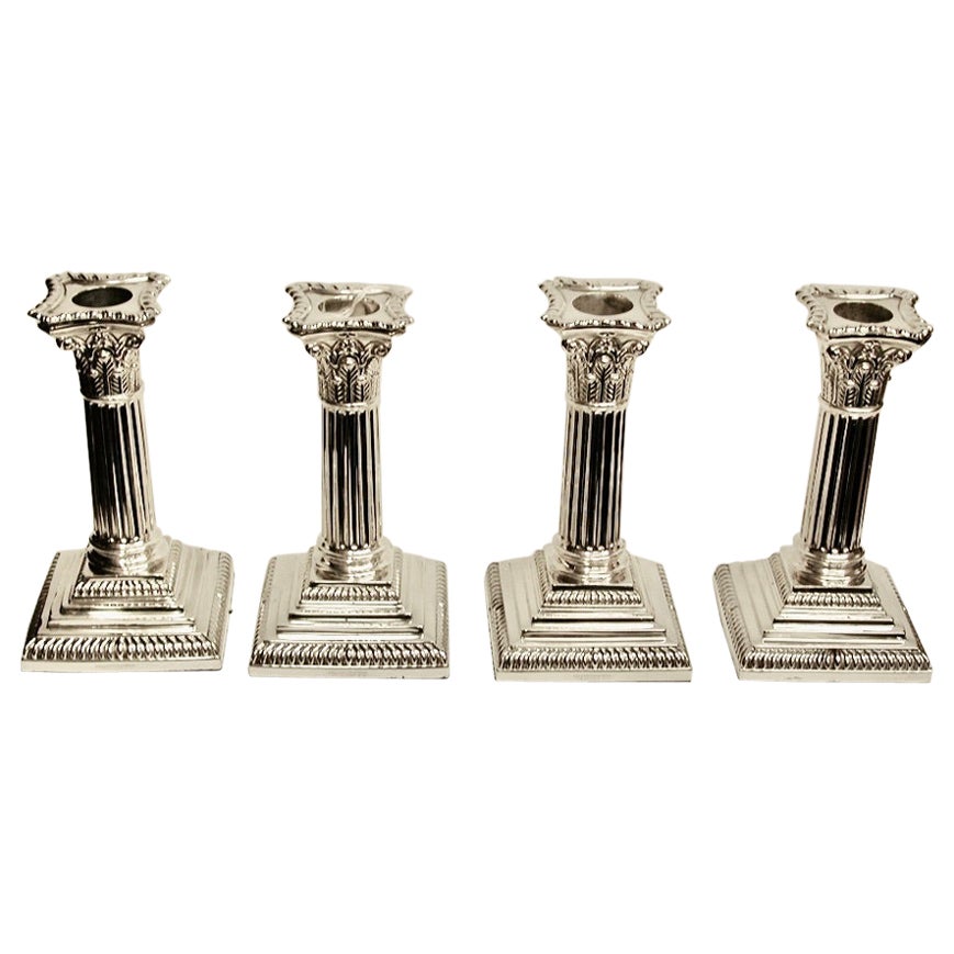 Set of 4 Silver Plated Corinthian Column Candlesticks, circa 1895