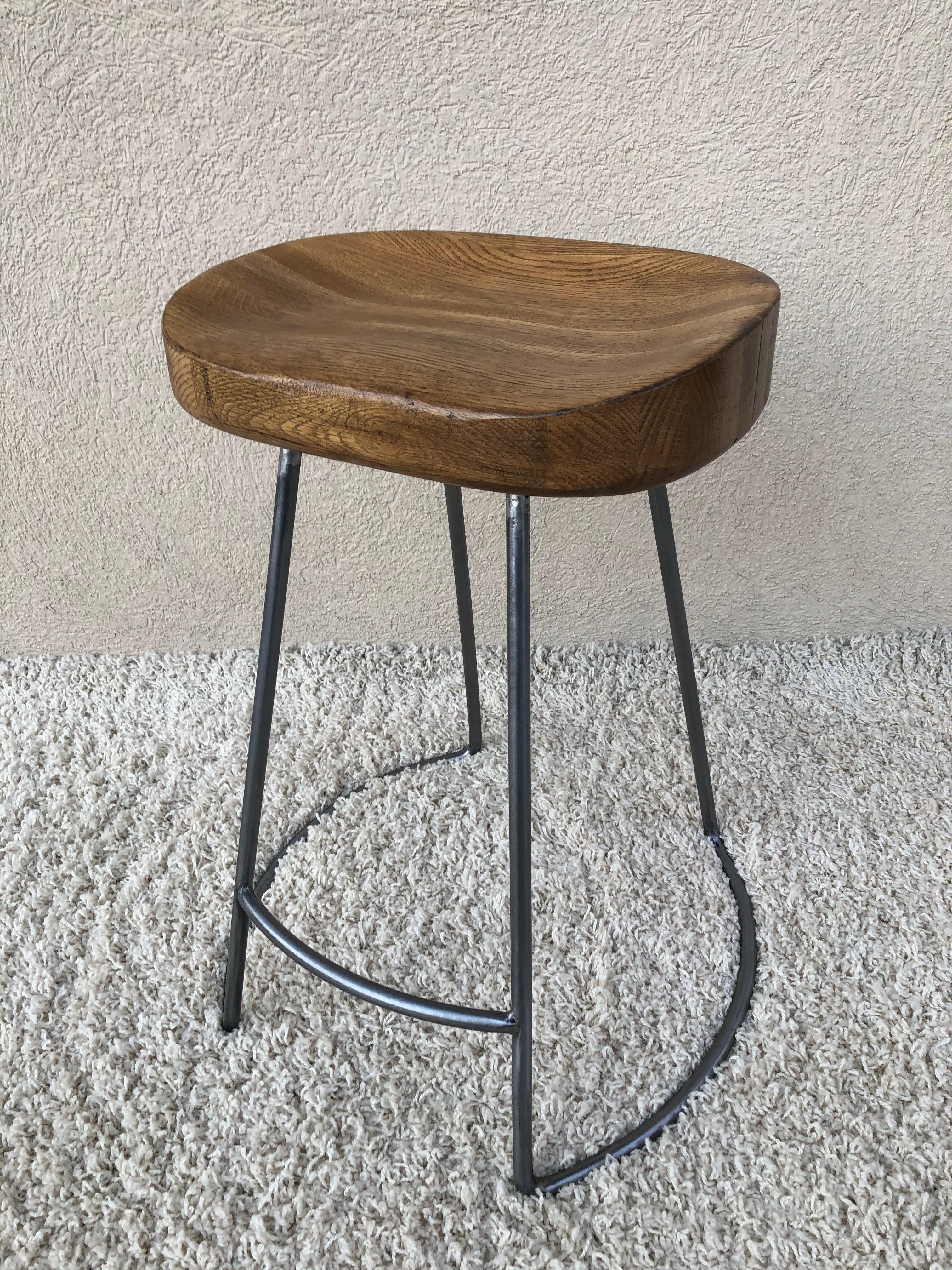 Set of 4 Silver Steel Polish Finish to Bases Solid Oak Top Counter Stools For Sale 4