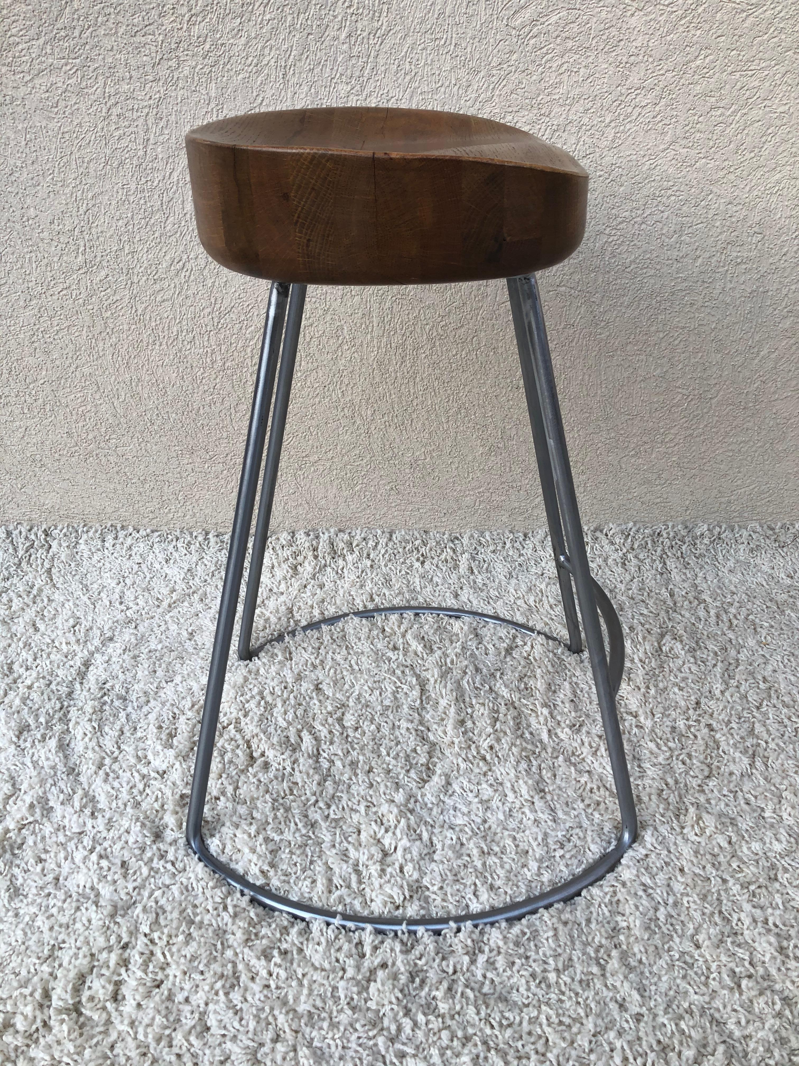 Set of 4 Silver Steel Polish Finish to Bases Solid Oak Top Counter Stools For Sale 7