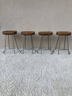 Set di 4 sgabelli da banco in acciaio lucido con base in legno massiccio Oak