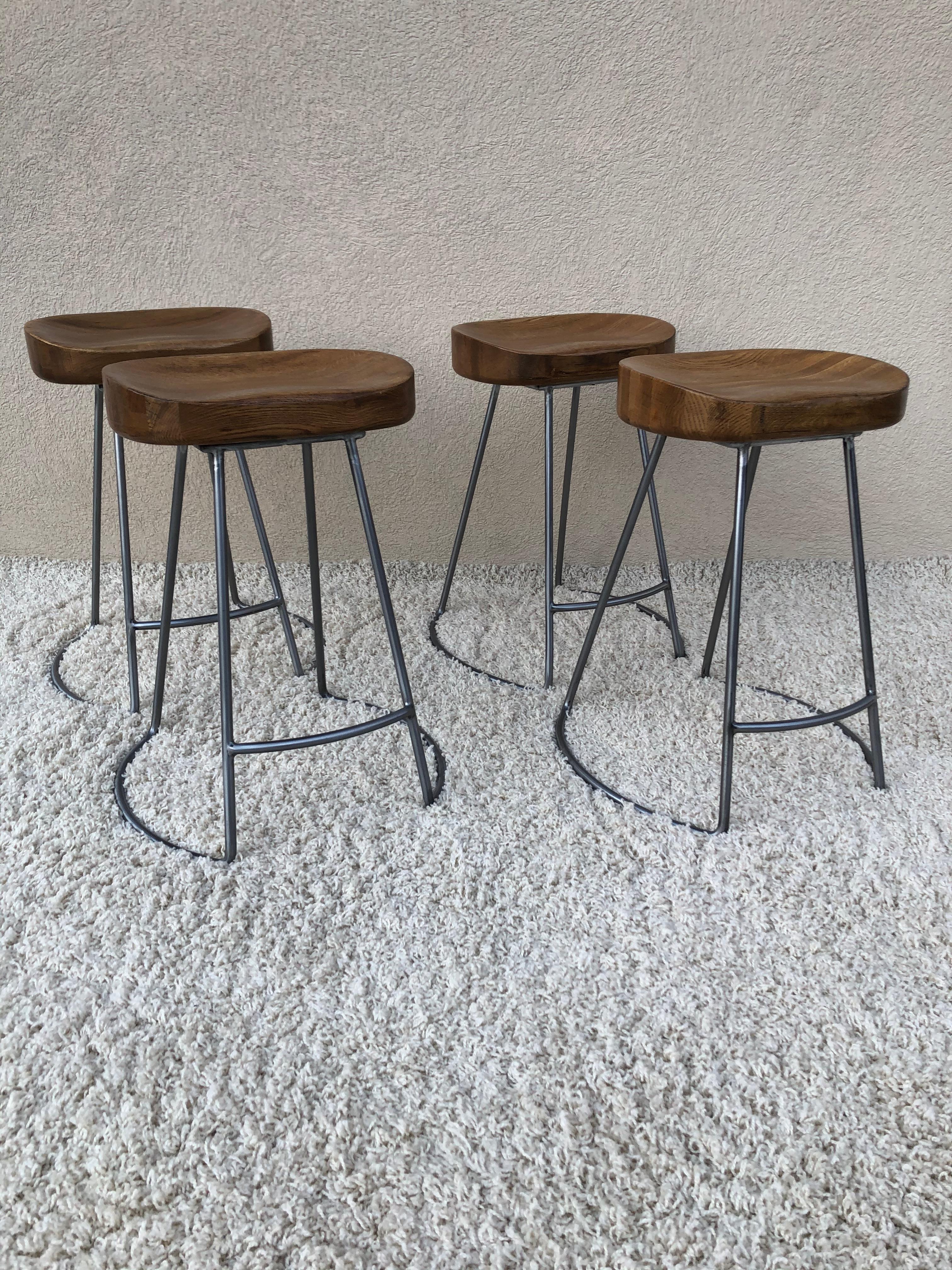 Mid-Century Modern Set of 4 Silver Steel Polish Finish to Bases Solid Oak Top Counter Stools For Sale