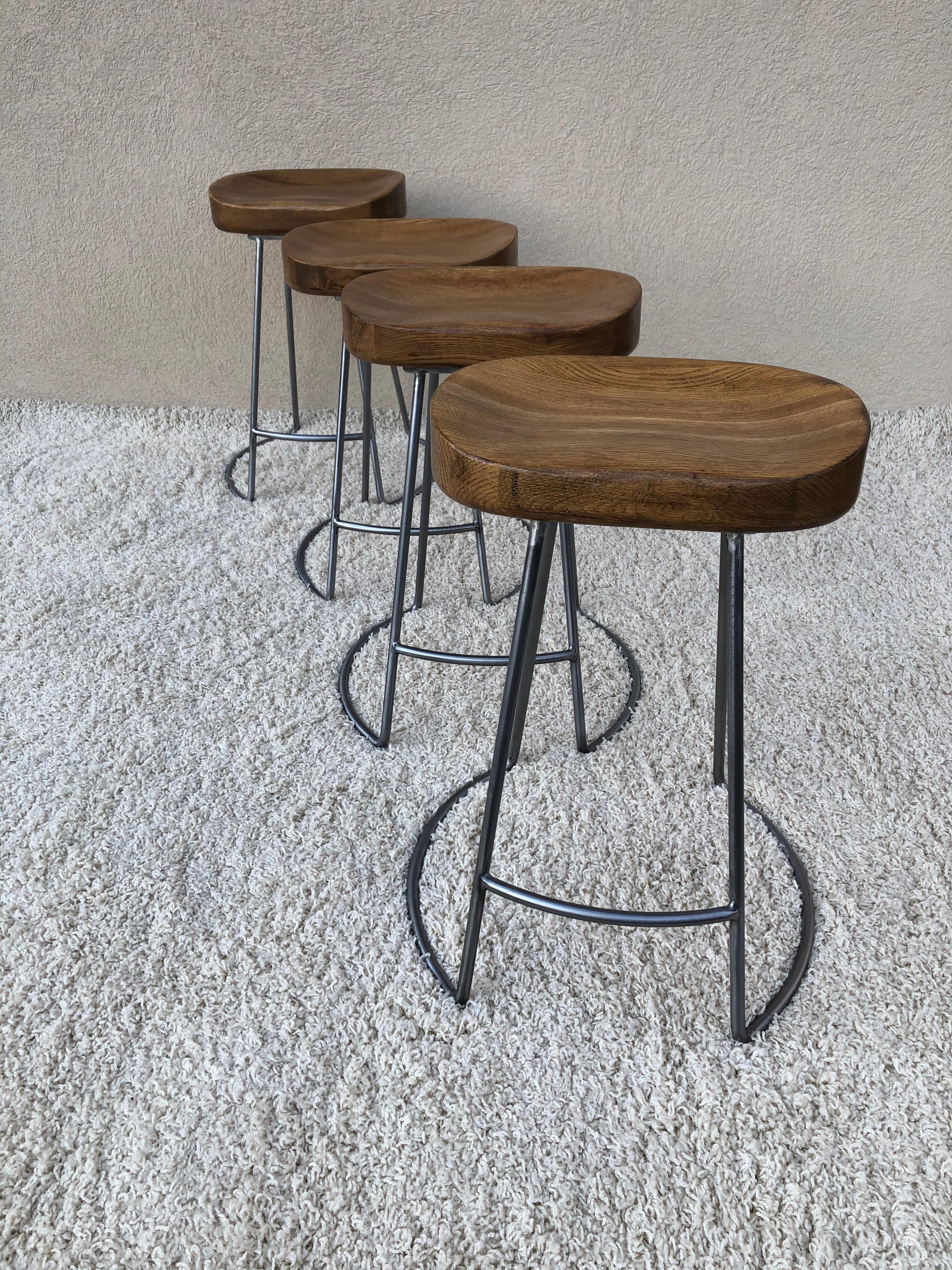 20th Century Set of 4 Silver Steel Polish Finish to Bases Solid Oak Top Counter Stools For Sale