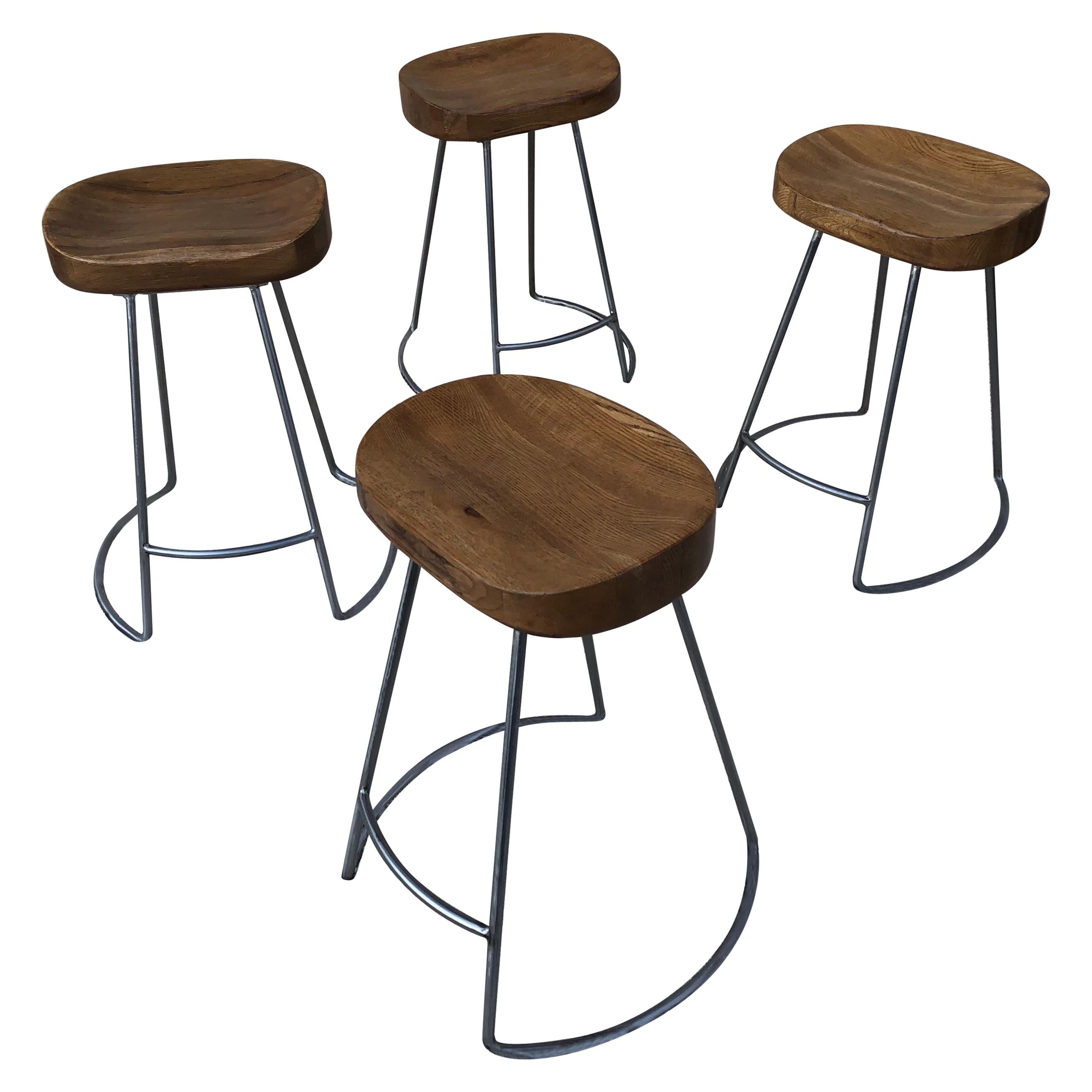 Set of 4 Silver Steel Polish Finish to Bases Solid Oak Top Counter Stools For Sale