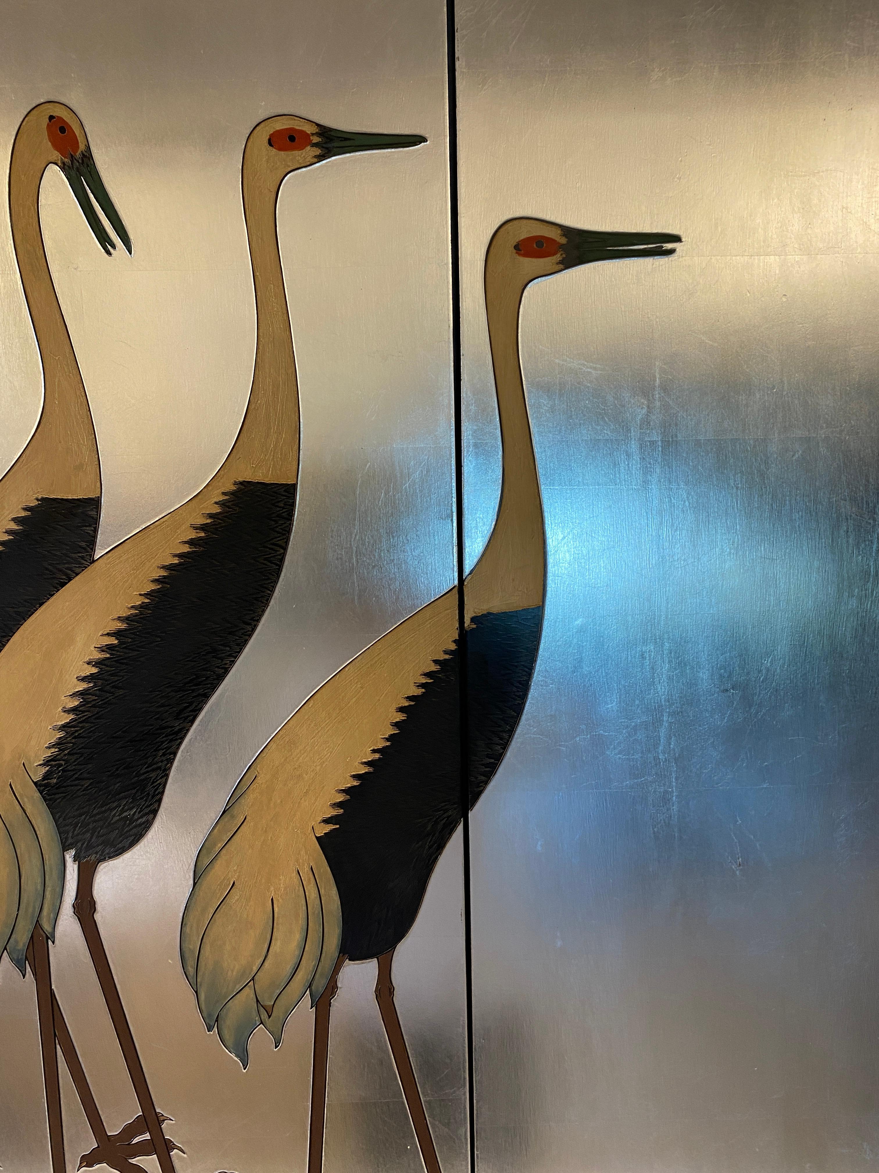 Set of 4 Silvered Wood Wall Panels featuring White Naped Cranes  In Good Condition In Miami, FL