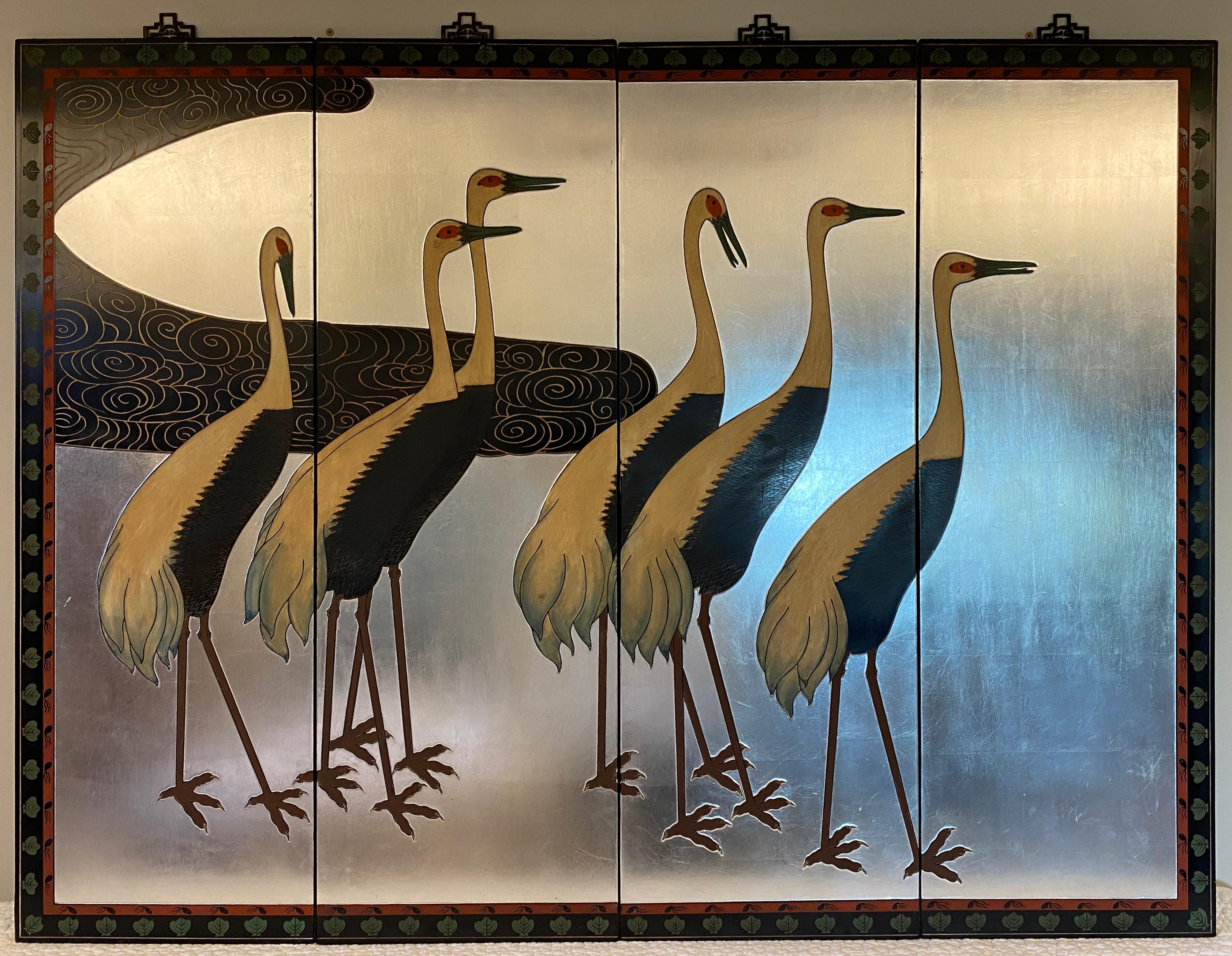 Set of 4 Silvered Wood Wall Panels featuring White Naped Cranes 
