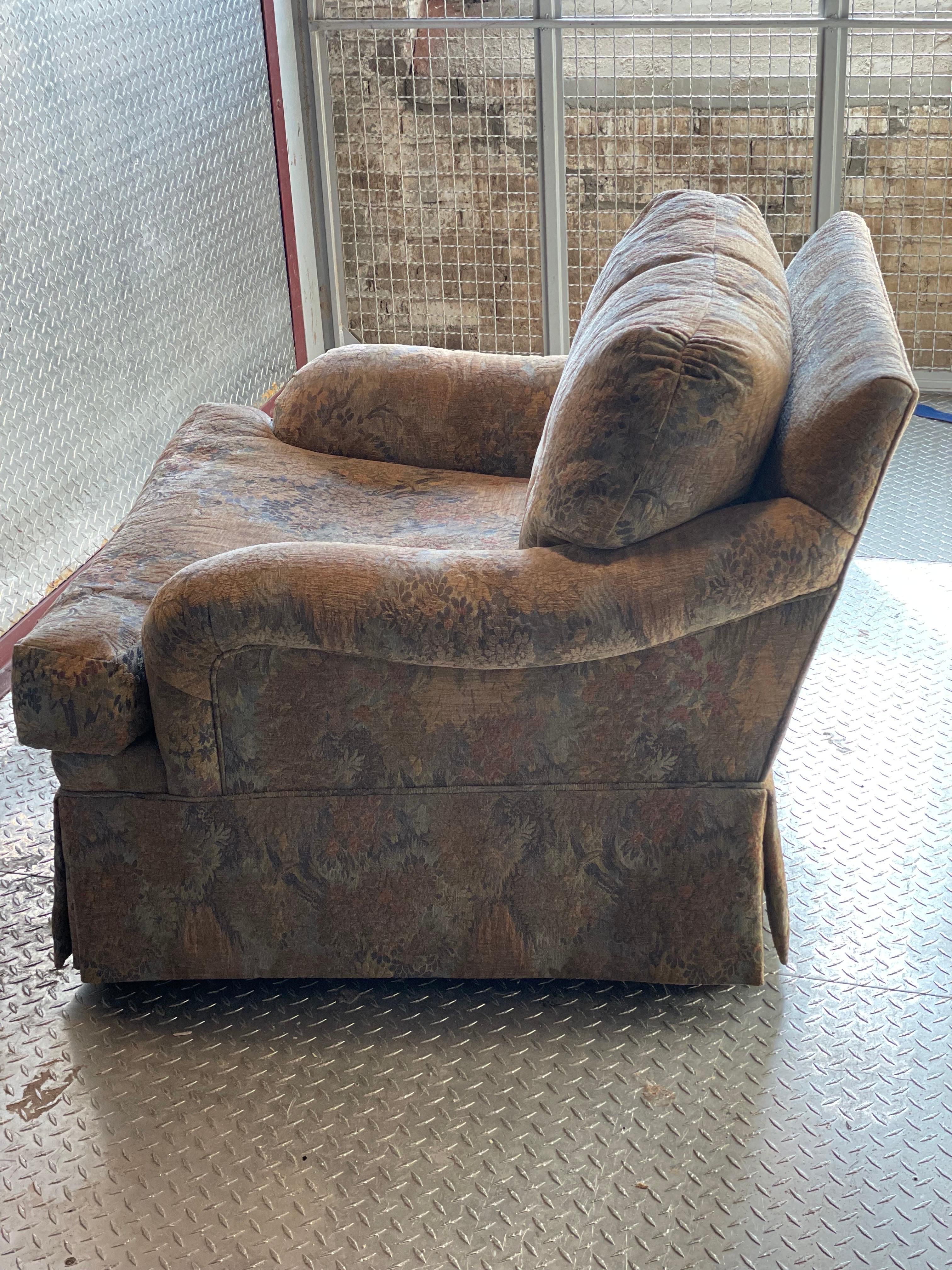 Set of 4 skirted Bridgewater style club chairs upholstered in a pale palette brocade fabric with loose seat and back cushions.