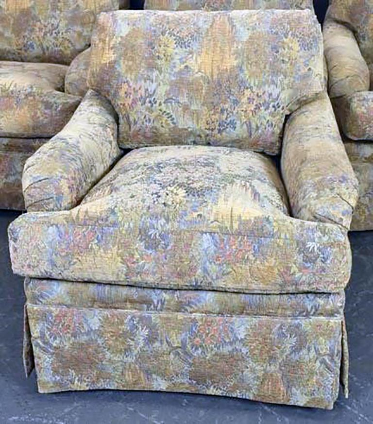 Set of 4 skirted Bridgewater style club chairs upholstered in a pale palette brocade fabric with loose seat and back cushions and.