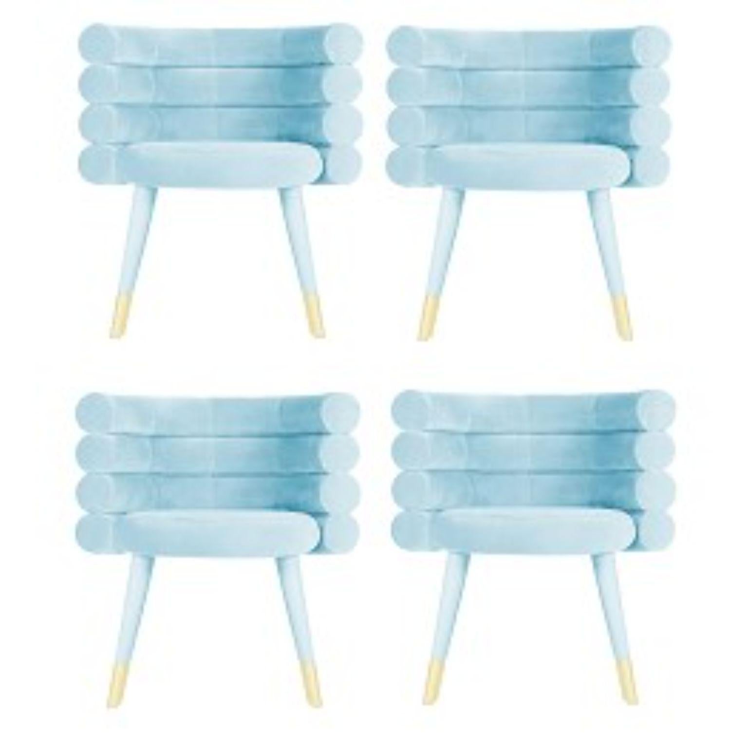 Set of 4 sky blue marshmallow dining chairs, Royal Stranger
Dimensions: 78 x 70 x 60 cm
Materials: Velvet upholstery and brass
Available in: Mint green, light pink, royal green and royal red

Royal Stranger is an exclusive furniture brand