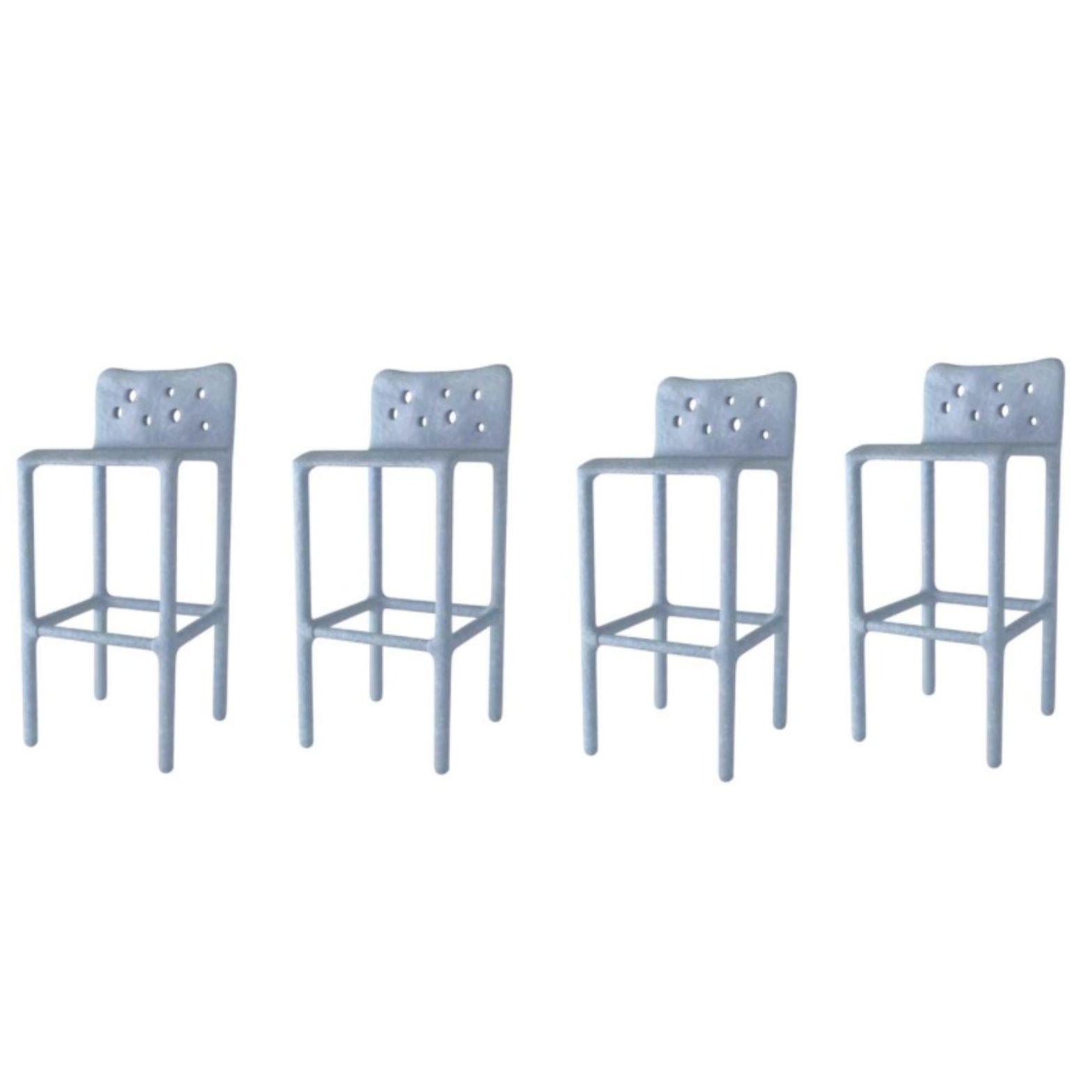 Set of 4 Sky blue sculpted contemporary chairs by Faina.
Design: Victoriya Yakusha.
Material: steel, flax rubber, biopolymer, cellulose.
Dimensions: height 106 x width 45 x sitting place width 49 Legs height: 80 cm
Weight: 20 kilos.

(Also