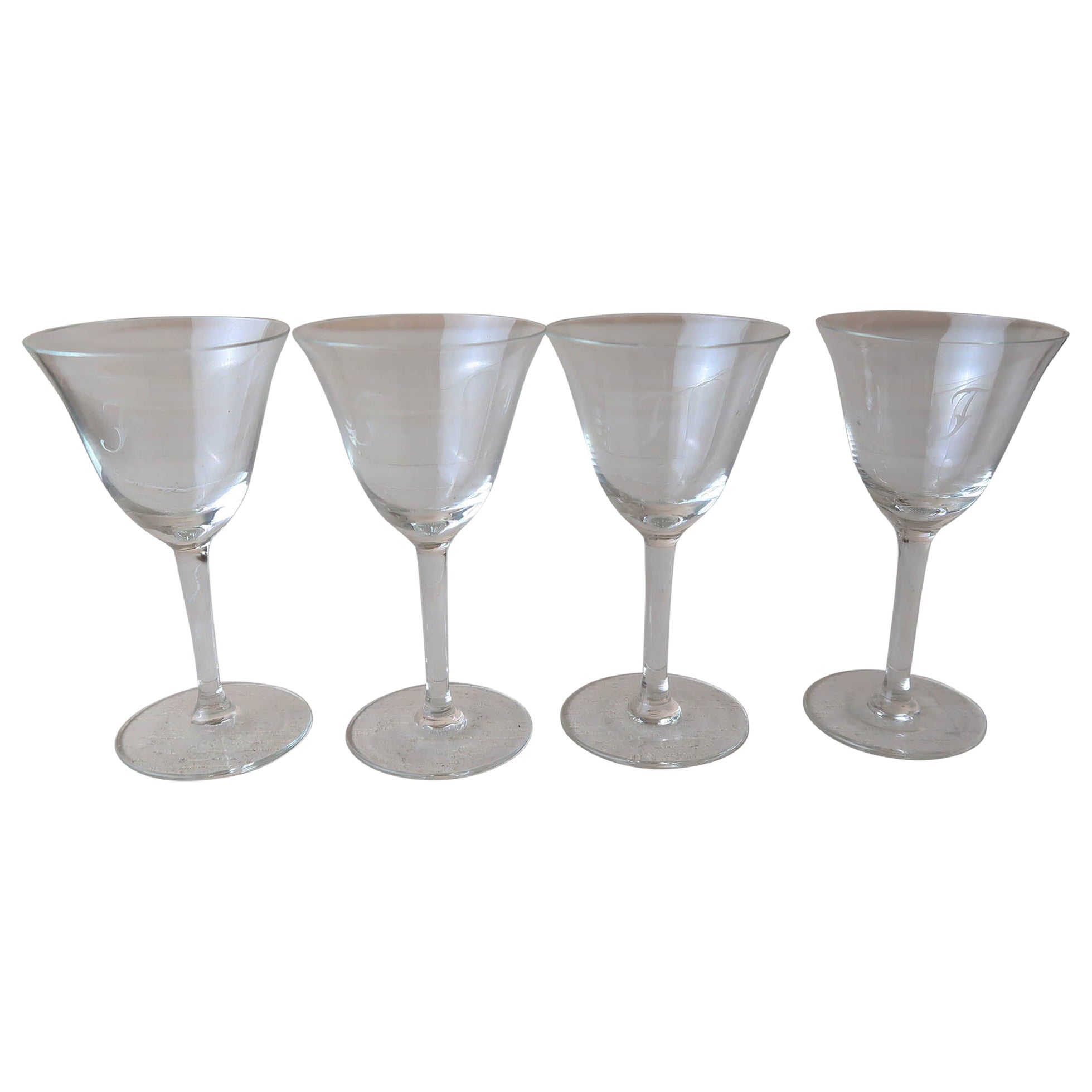 Set of 4 Small Glasses Engraved with Initial " F ". English C.1920