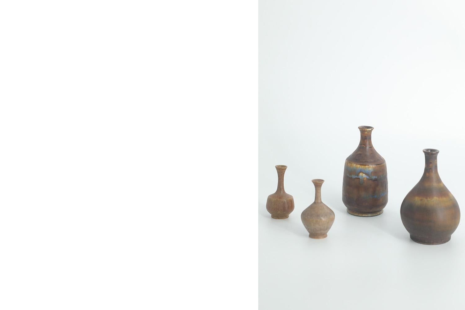 Swedish Set of 4 Small Mid-Century Scandinavian Modern Collectible Brown Stoneware Vase For Sale