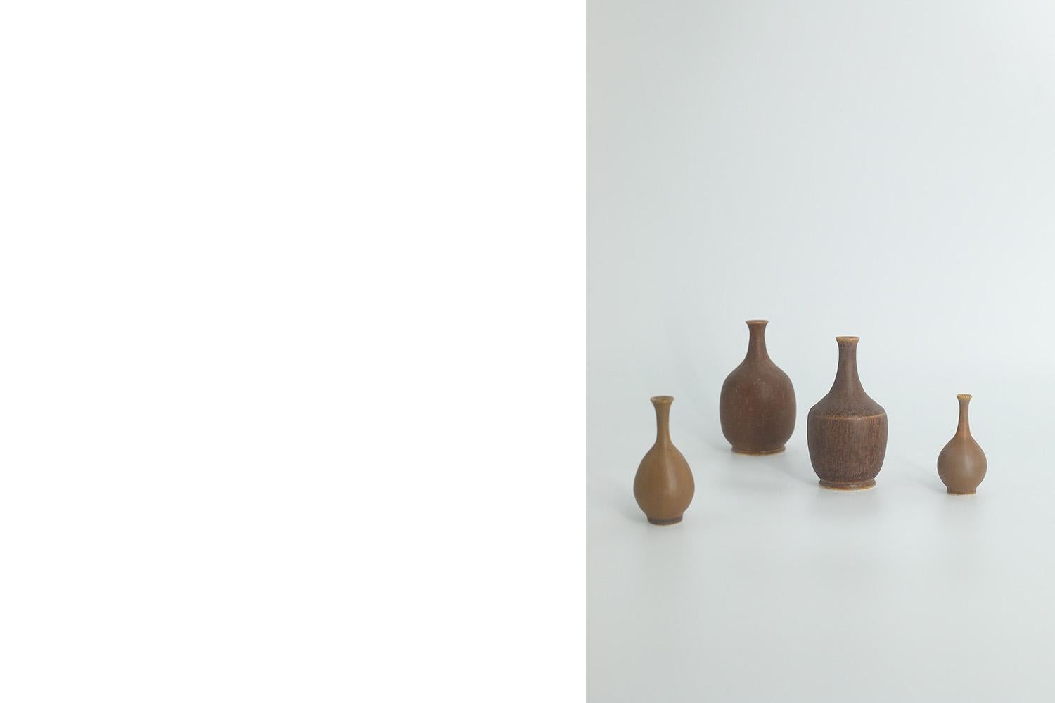 Set of 4 Small Mid-Century Scandinavian Modern Collectible Brown Stoneware Vase For Sale 1