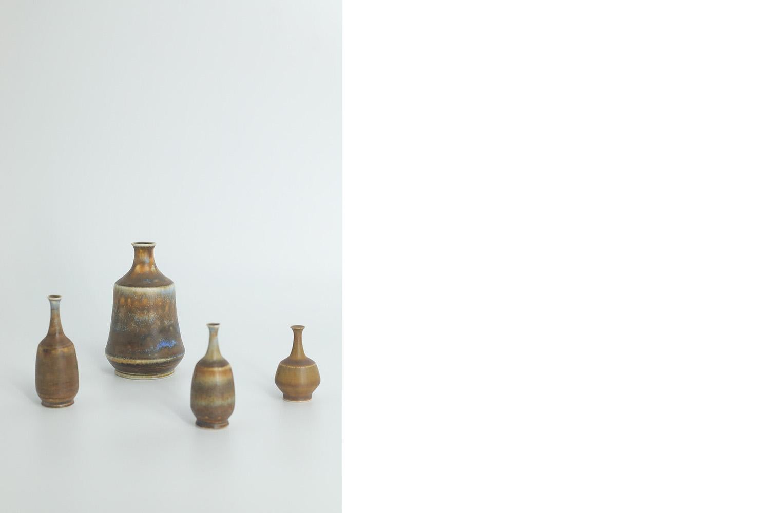 Set of 4 Small Mid-Century Scandinavian Modern Collectible Brown Stoneware Vases For Sale 2