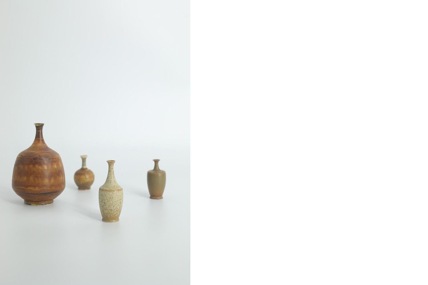 Set of 4 Small Mid-Century Scandinavian Modern Collectible Brown Stoneware Vases For Sale 3