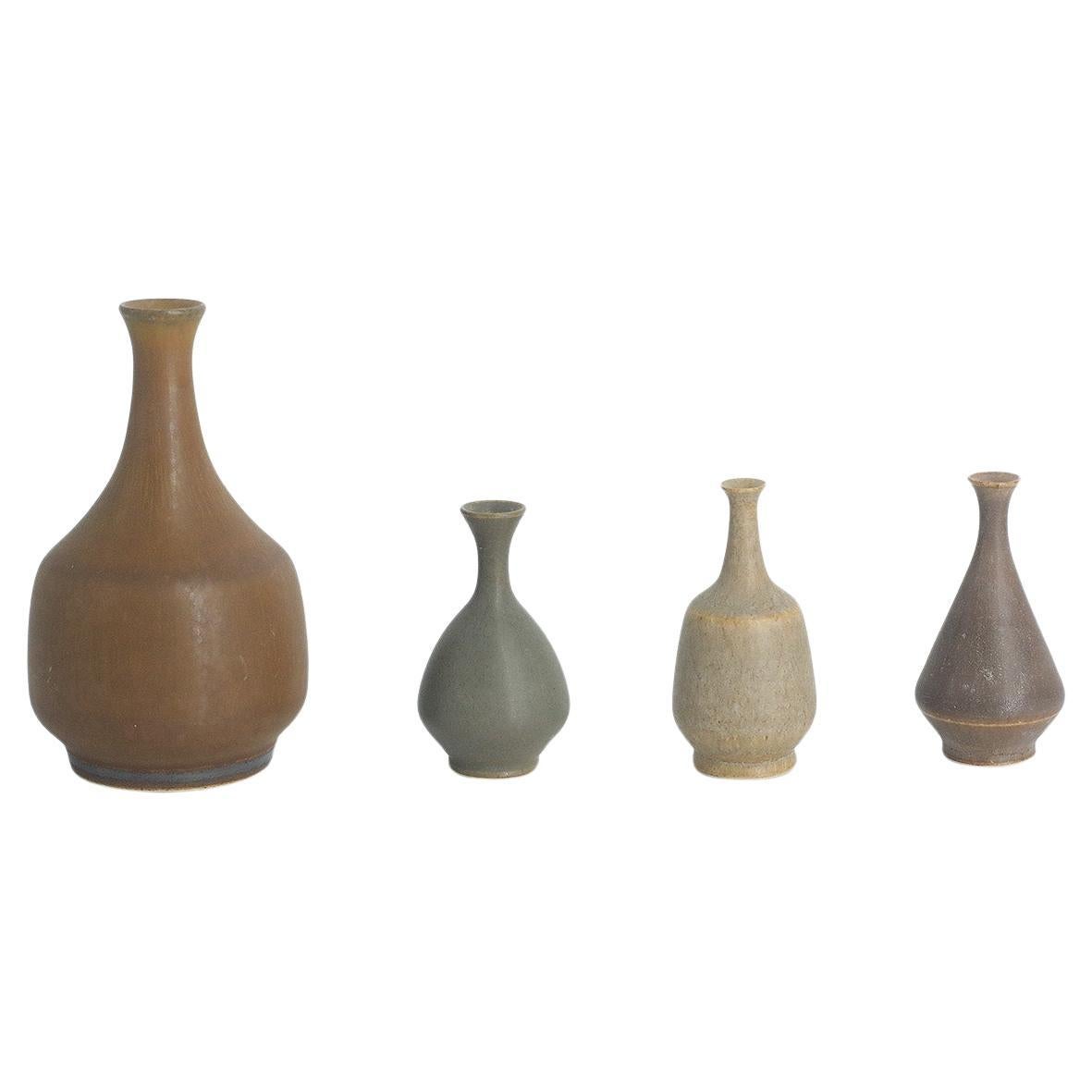 Set of 4 Small Mid-Century Scandinavian Modern Collectible Brown Stoneware Vases For Sale