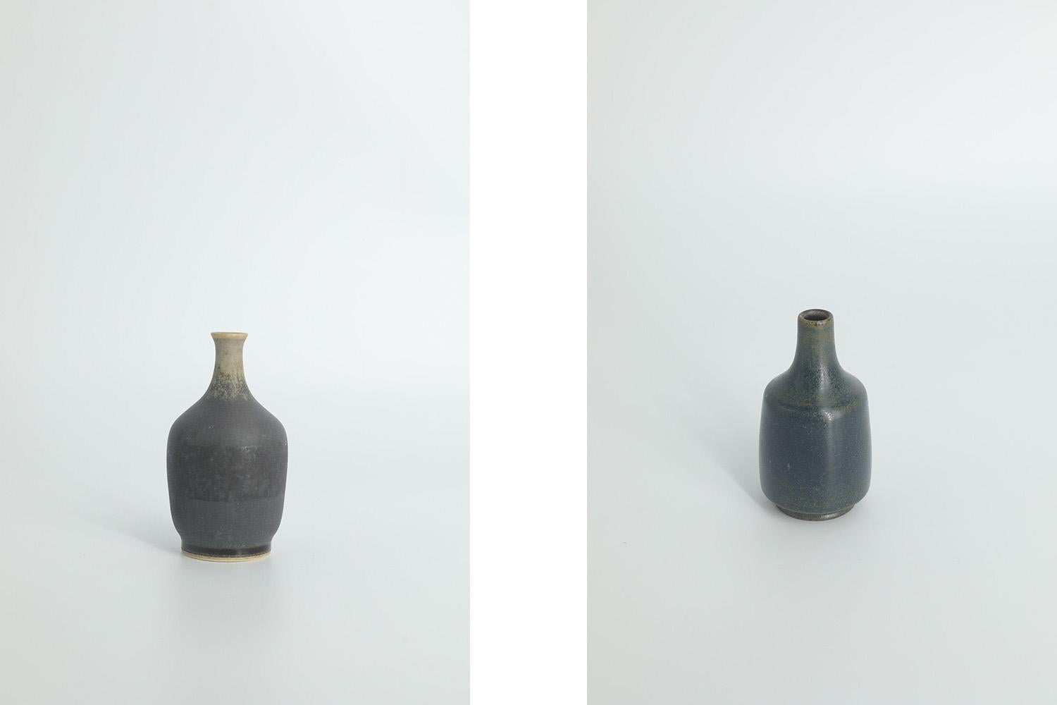 Scandinavian Modern Set of 4 Small Mid-Century Swedish Modern Collectible Blue&Brown Stoneware Vase For Sale