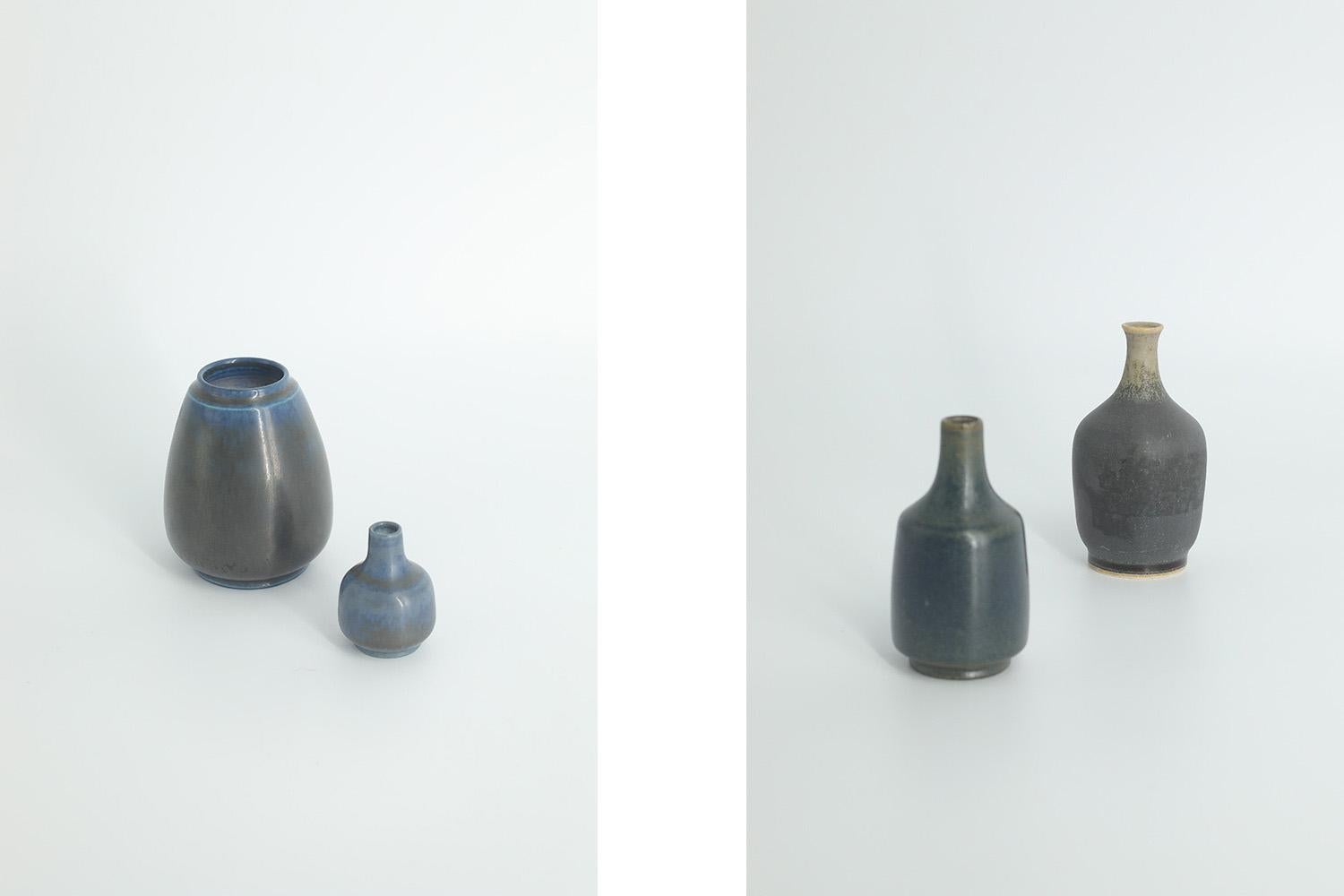 Mid-20th Century Set of 4 Small Mid-Century Swedish Modern Collectible Blue&Brown Stoneware Vase For Sale